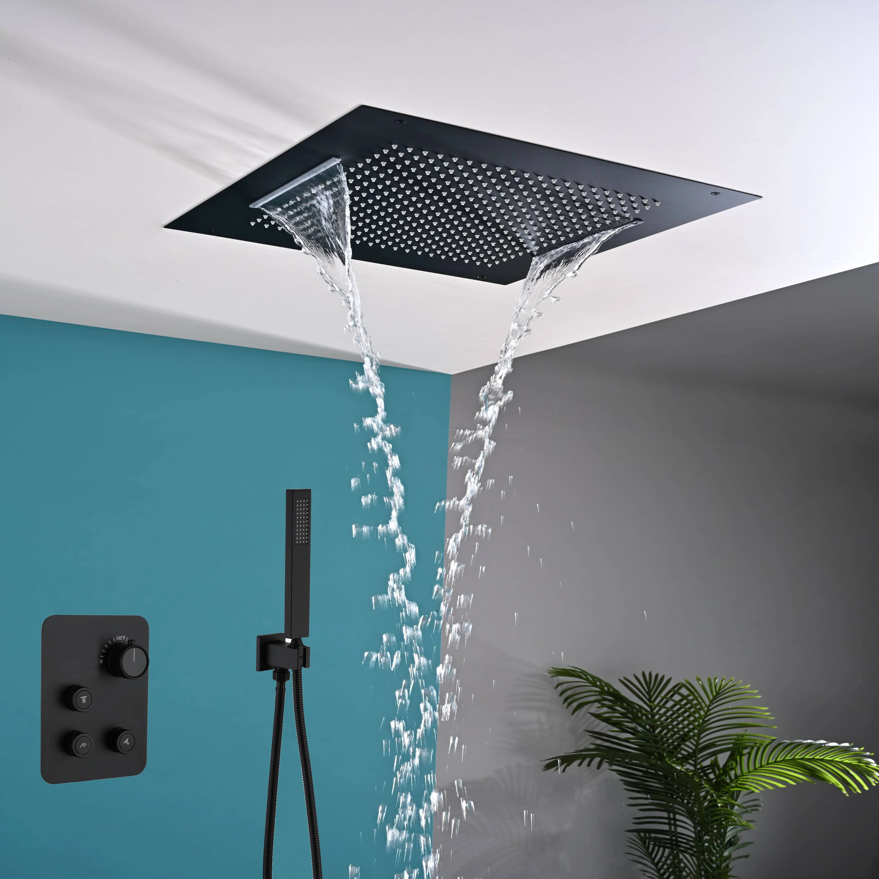 20" Flush Mount Rainfall Waterfall Shower Head with 3-Way Digital Thermostatic Faucet - Image 3