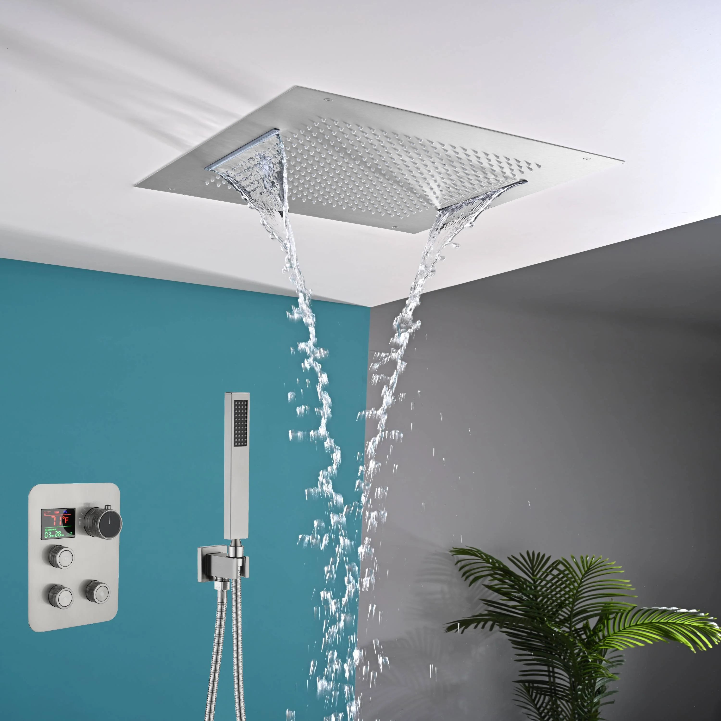 20" Flush Mount Rainfall Waterfall Shower Head with 3-Way Digital Thermostatic Faucet - Image 4
