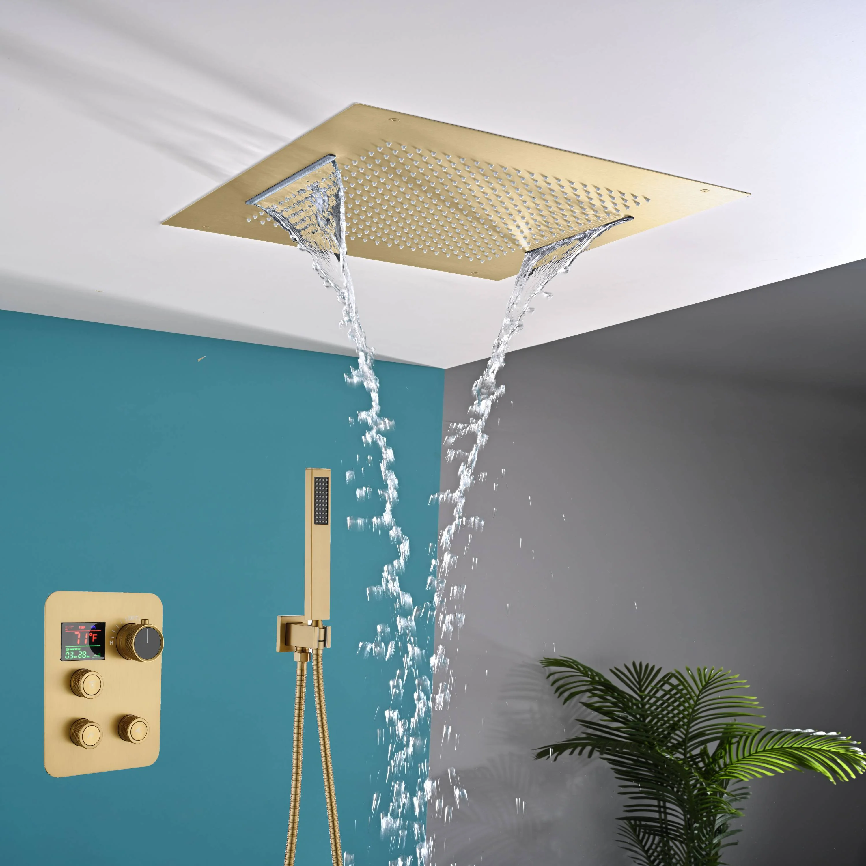 20" Flush Mount Rainfall Waterfall Shower Head with 3-Way Digital Thermostatic Faucet - Image 6