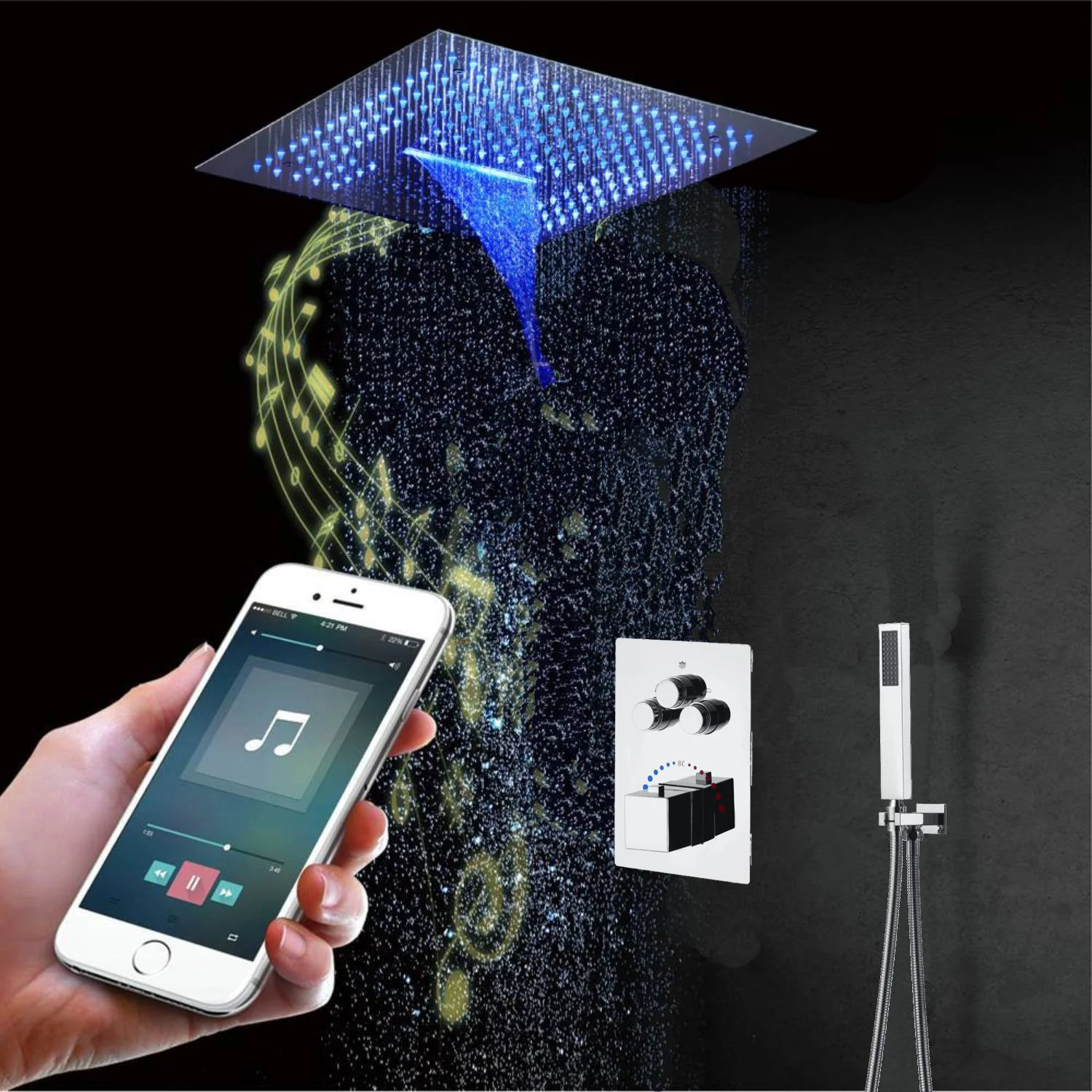 16-Inch Chrome or Brushed Nickel Shower Faucet: Flush-Mounted, 3-Way Control, 64-Color LED Lighting, Bluetooth Music - Image 3