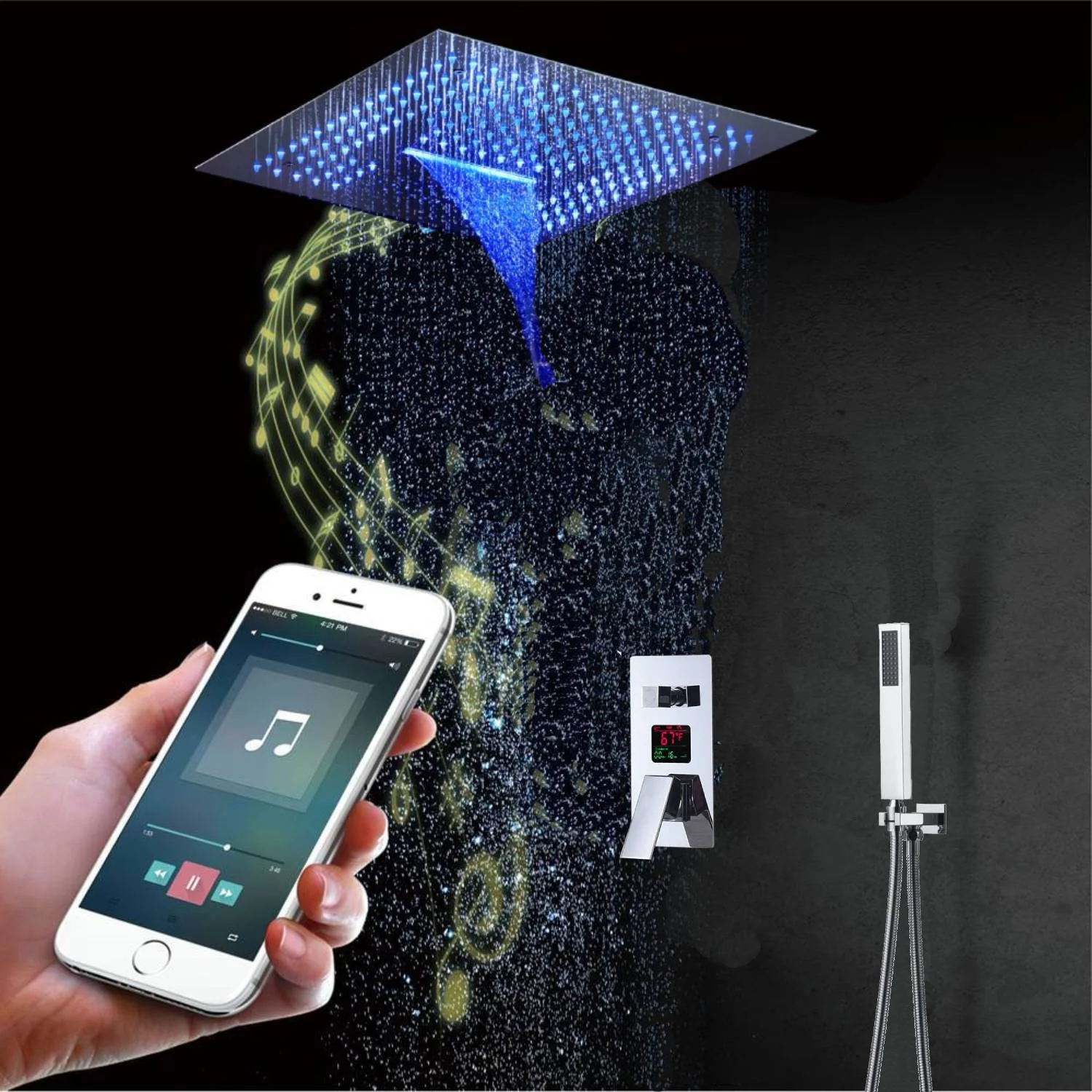 16-Inch Chrome or Brushed Nickel Shower Faucet: Flush-Mounted, 3-Way Control, 64-Color LED Lighting, Bluetooth Music - Image 4