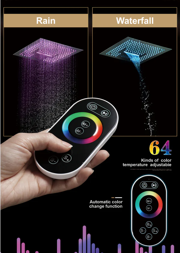 16-Inch Chrome Thermostatic Shower Faucet: 4-Way Control, Flush-Mounted, 64-Color LED Lighting, Bluetooth Music, and Six Body Jets Features - Image 6