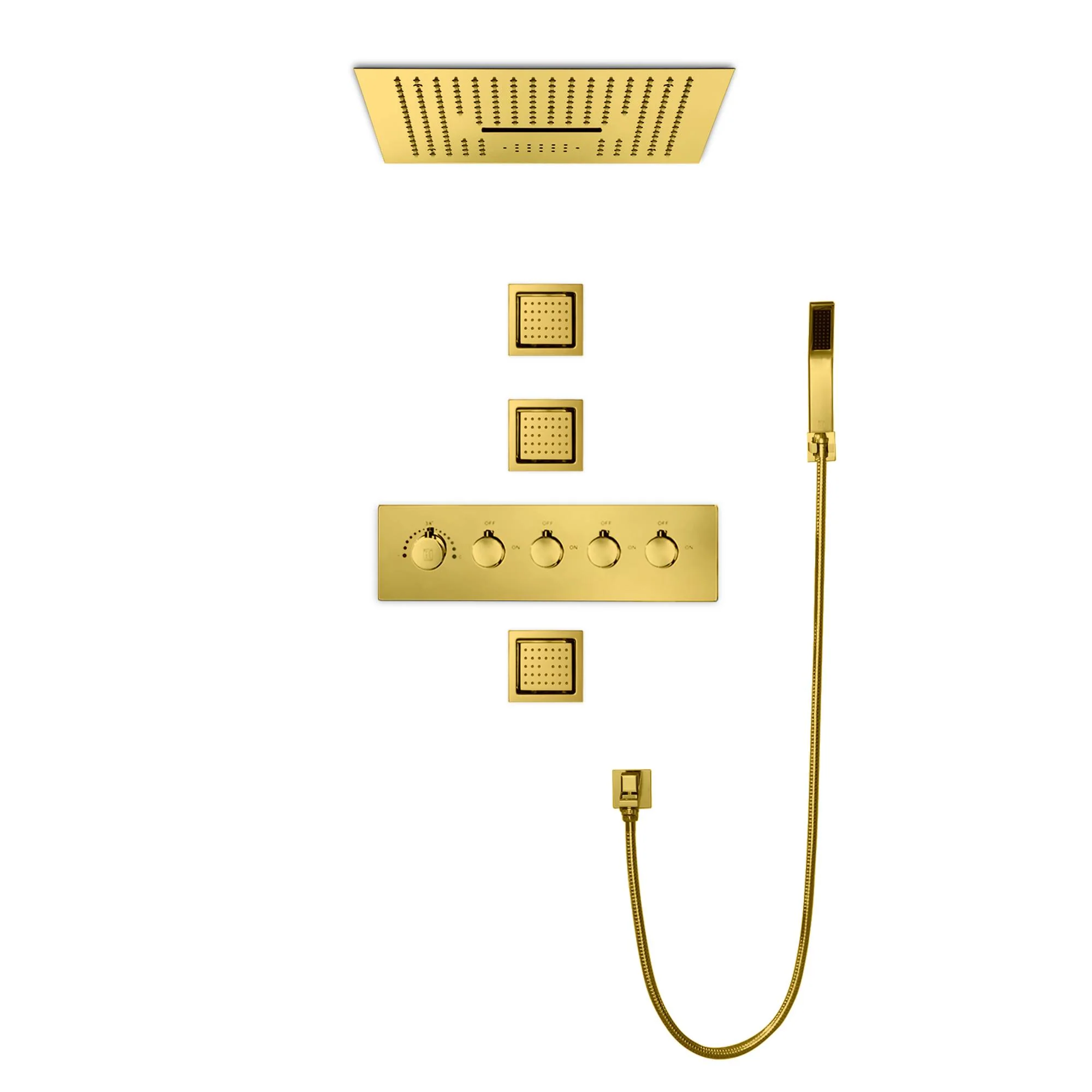 16-Inch Polished Gold Thermostatic Shower Faucet: Flush-Mounted, 64-Color LED Lighting, Bluetooth Music, 4-Way Control, and 4-Inch Body Jet Features - Image 3