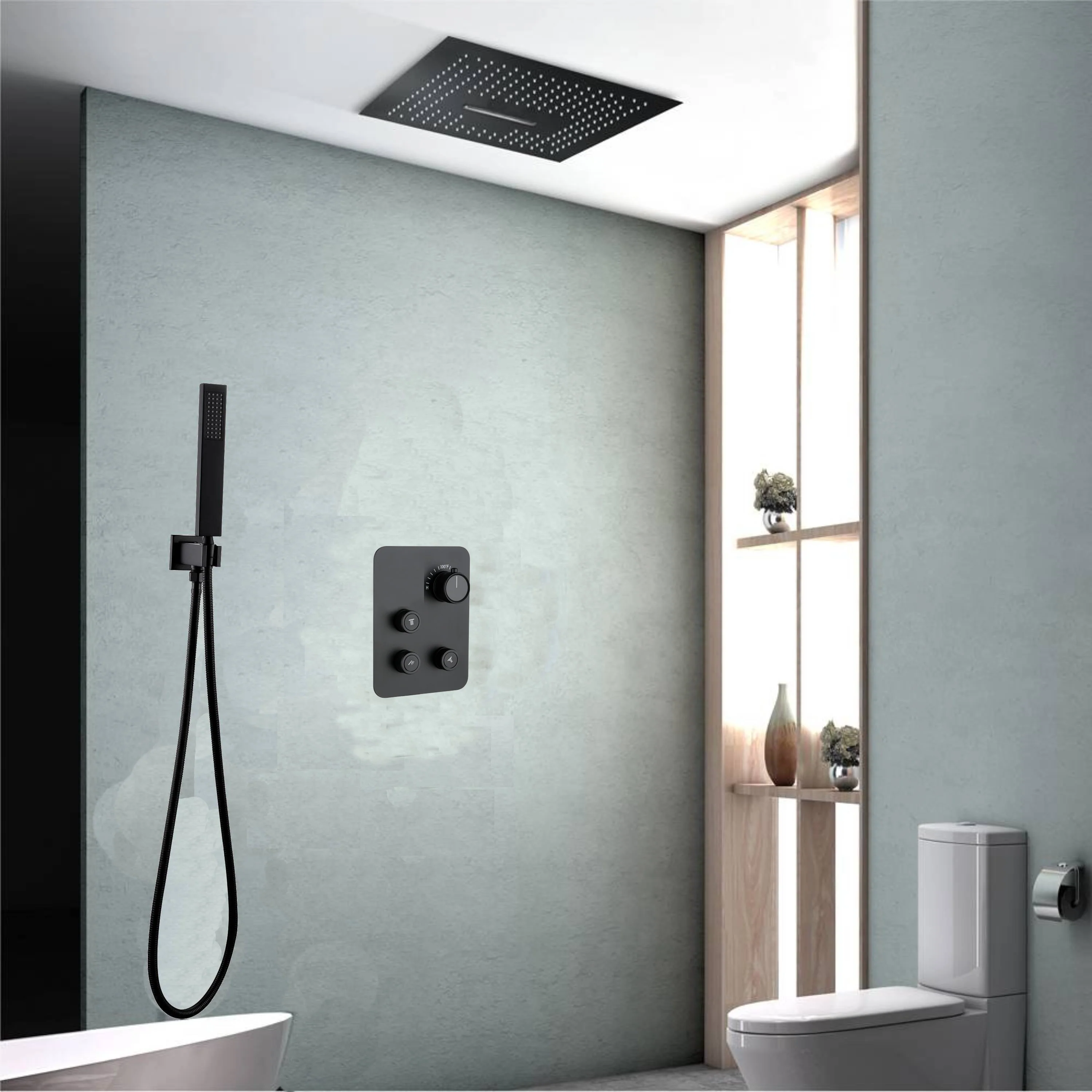 16-Inch Flush-Mount Matte Black Thermostatic Shower Faucet: 3-Way Control, 64-Color LED Lighting, Bluetooth Music, Digital Display - Image 4