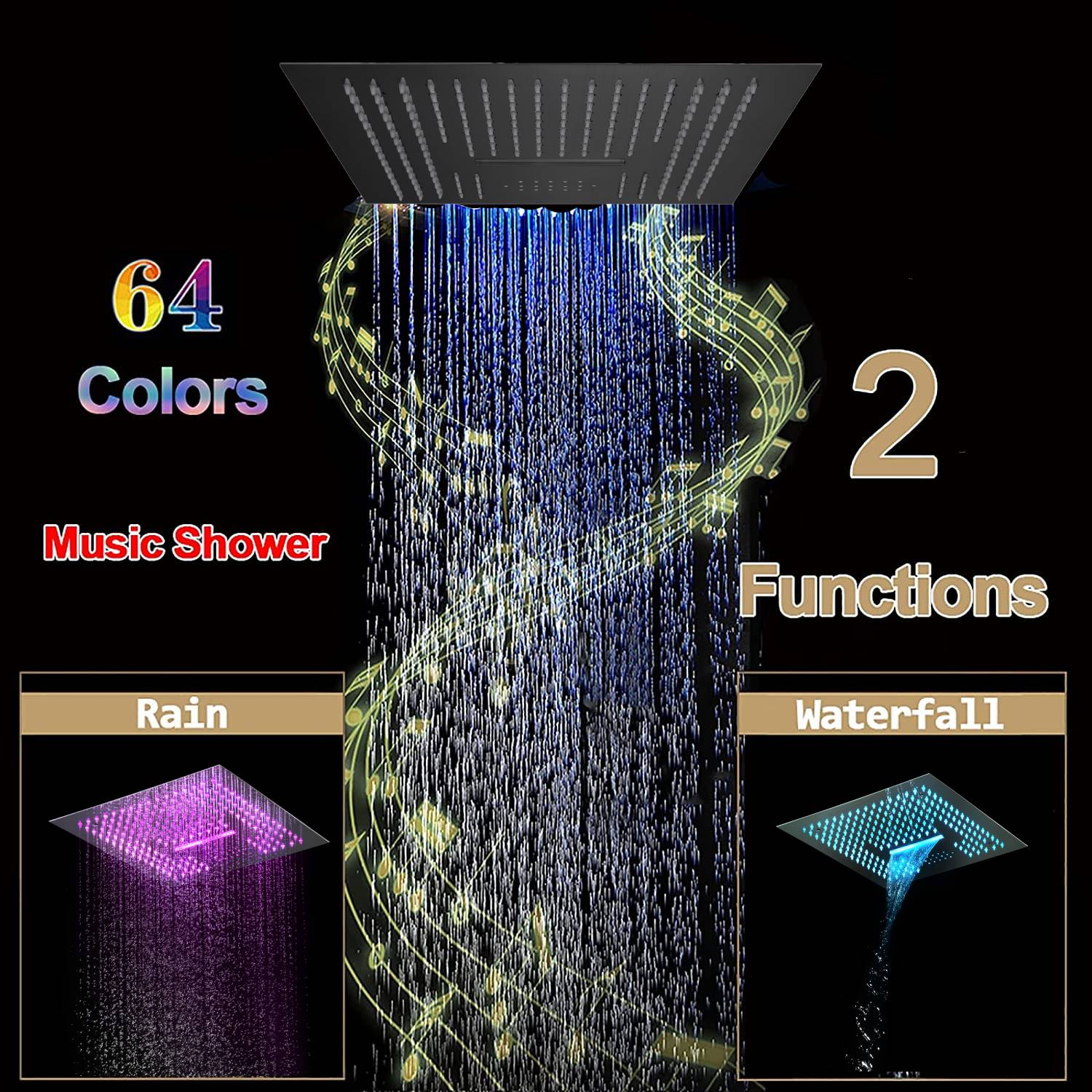 16-Inch Flush-Mount Matte Black Thermostatic Shower Faucet: 3-Way Control, 64-Color LED Lighting, Bluetooth Music, Digital Display - Image 5