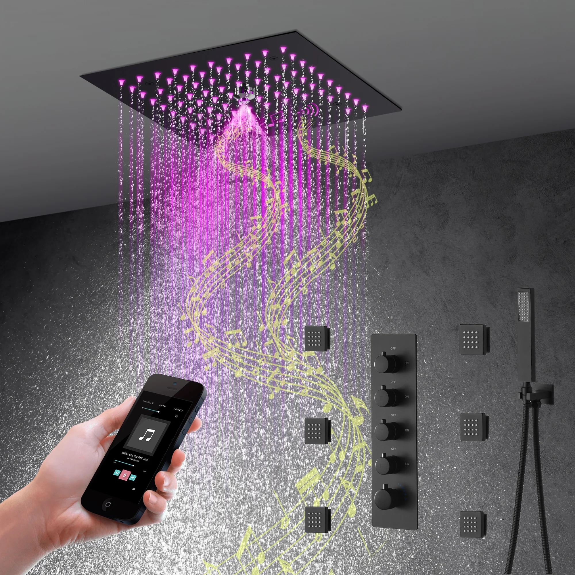 12-Inch Flush-Mount Matte Black Thermostatic Shower Faucet: 4-Way Control, 64-Color LED Lighting, Bluetooth Music, Optional Digital Display, and Body Sprayers - Image 4