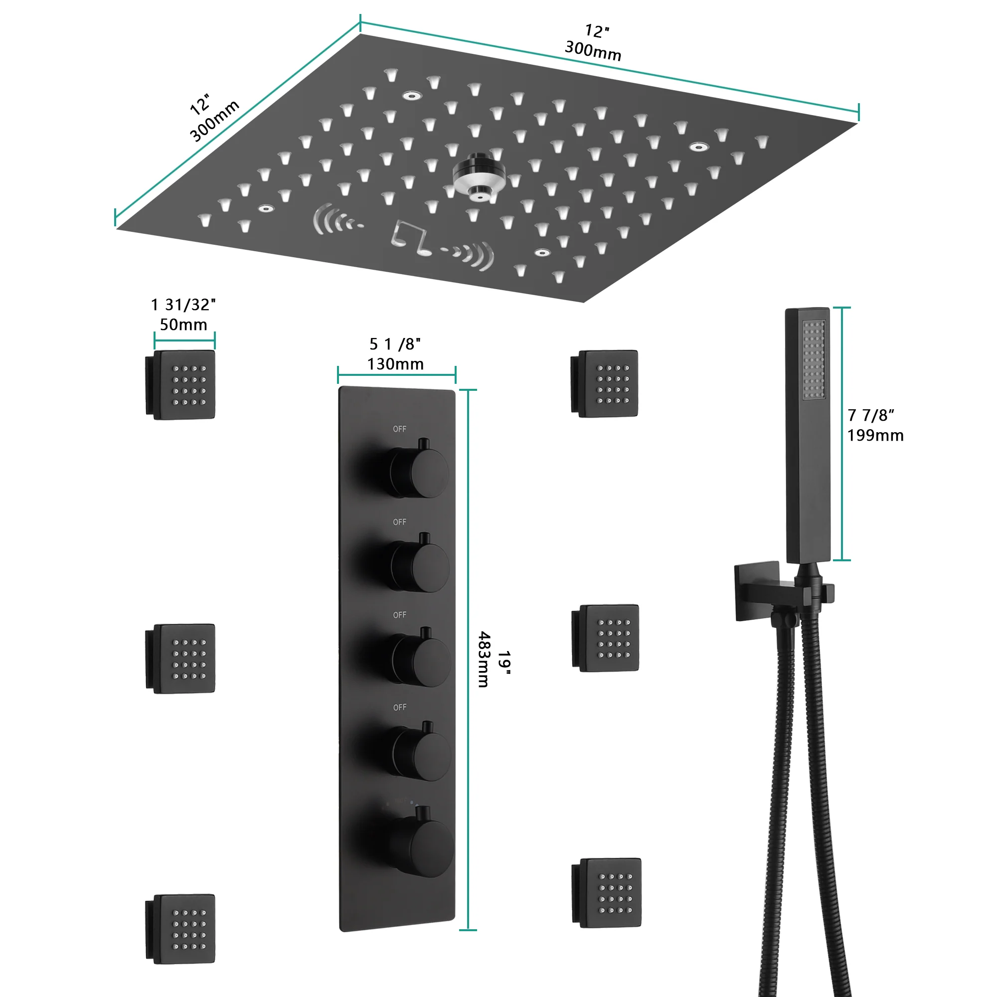 12-Inch Flush-Mount Matte Black Thermostatic Shower Faucet: 4-Way Control, 64-Color LED Lighting, Bluetooth Music, Optional Digital Display, and Body Sprayers - Image 5