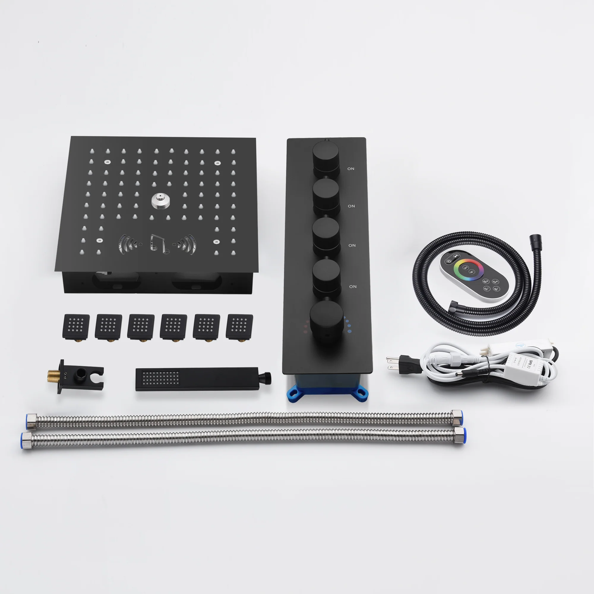12-Inch Flush-Mount Matte Black Thermostatic Shower Faucet: 4-Way Control, 64-Color LED Lighting, Bluetooth Music, Optional Digital Display, and Body Sprayers - Image 9