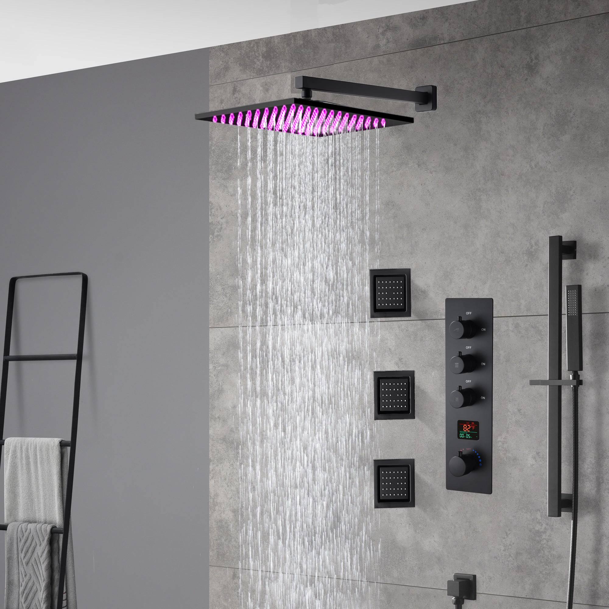Wall mounted matte black 3 way digital thermostatic shower faucet with sliding bar and 4inch flush mounted body jets - Image 2