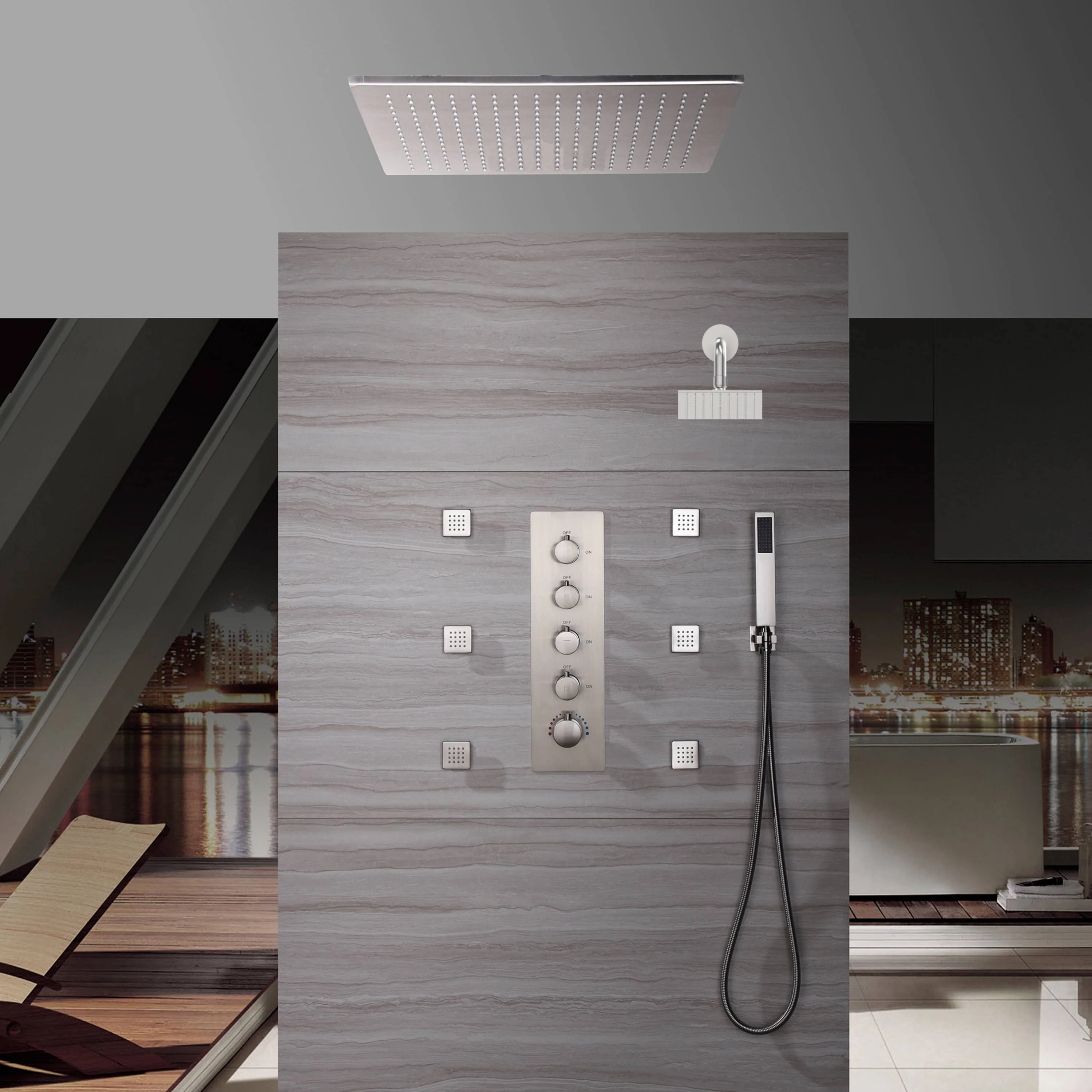 20" Brushed Nickel Rainfall Shower System: Ceiling/Flush-Mounted, Thermostatic Valve, 6 Jets, 6" Regular Head - Image 4