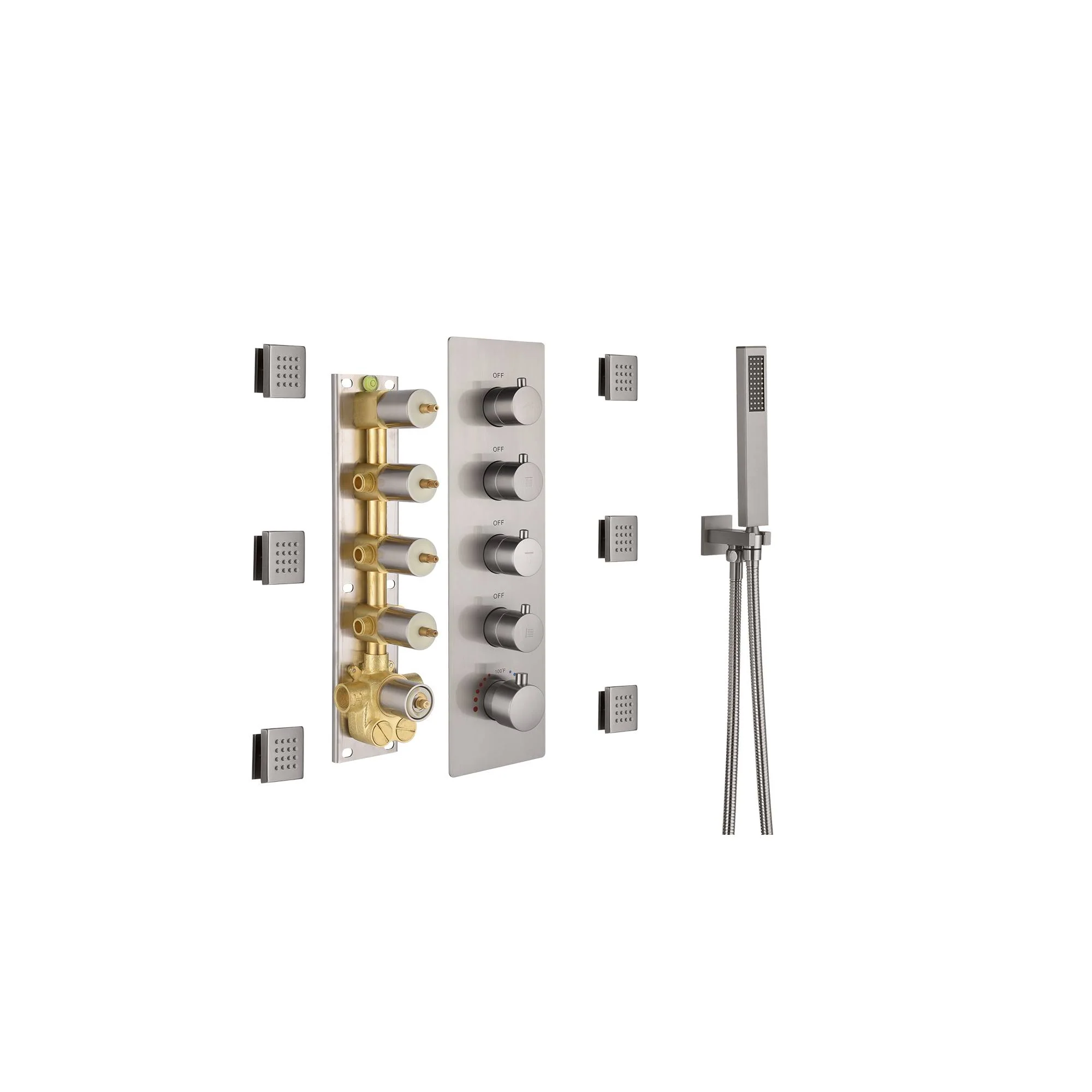 20" Brushed Nickel Rainfall Shower System: Ceiling/Flush-Mounted, Thermostatic Valve, 6 Jets, 6" Regular Head - Image 6