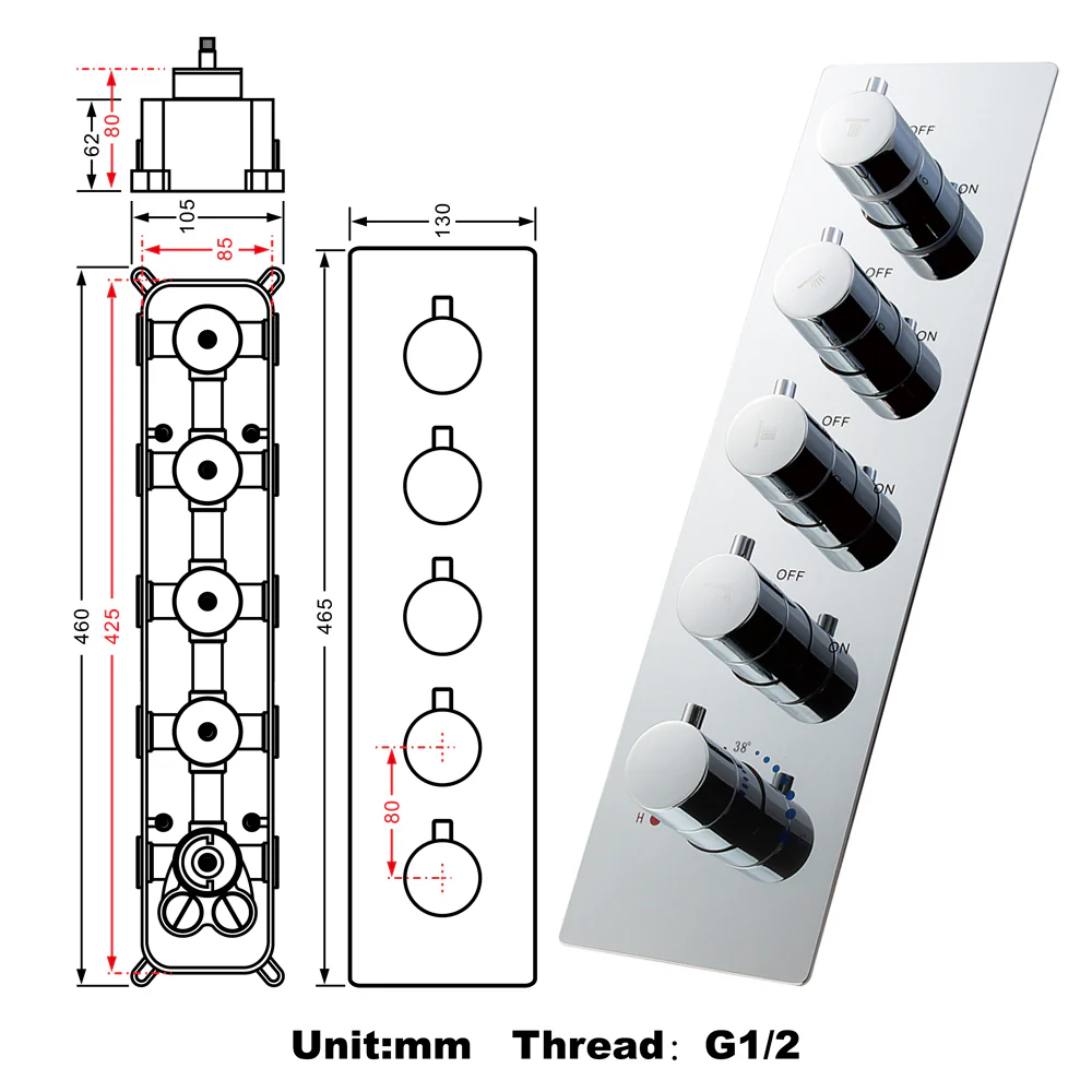 3 way or 4-Way Thermostatic Rough-In Valve with Trim, available in Matte Black, Brushed Nickel, Chrome, and Brushed Gold - Image 2