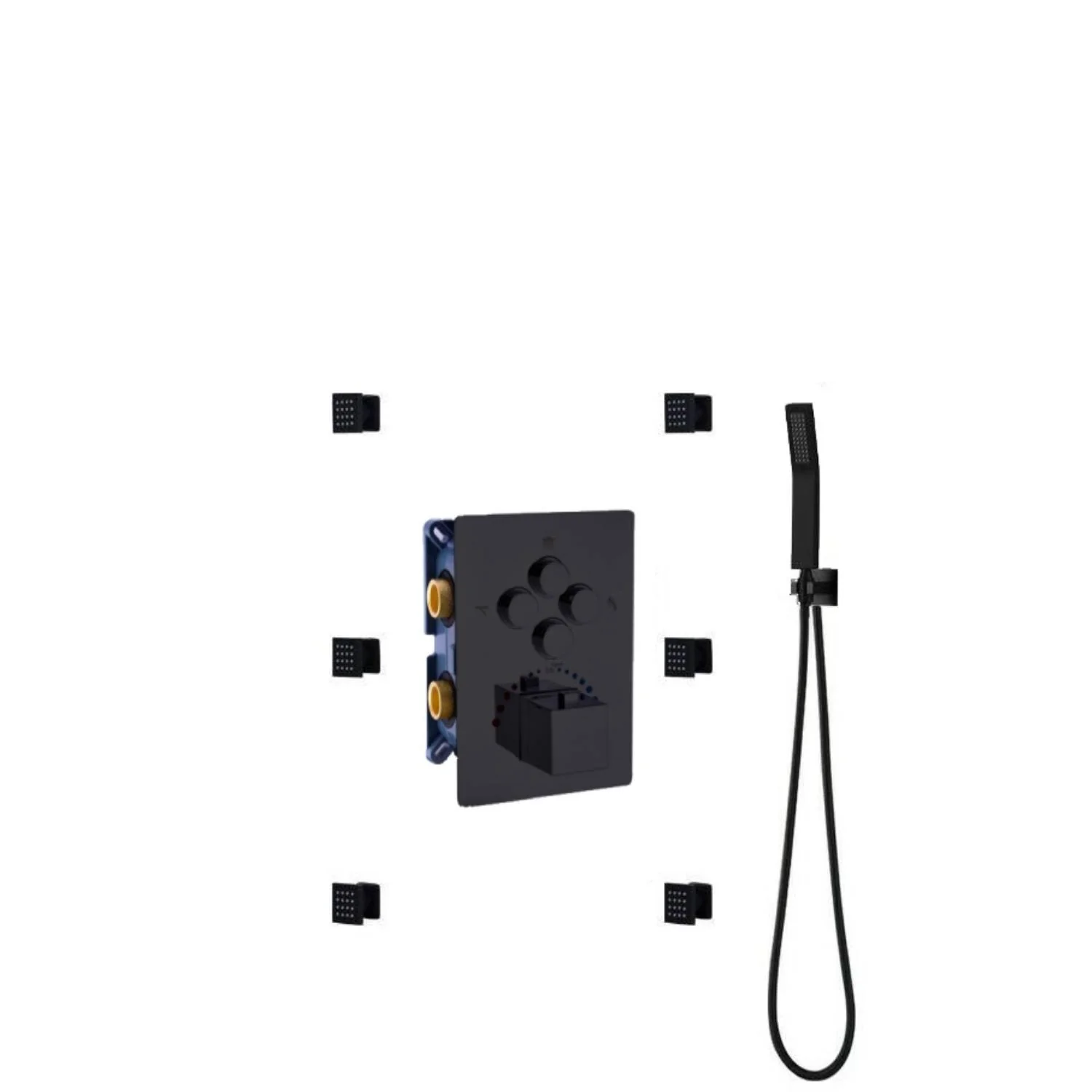 20'' Flushed on rainfall and waterfall ceiling matte Black 4 way thermostatic shower faucets with 6 body jets - Image 5