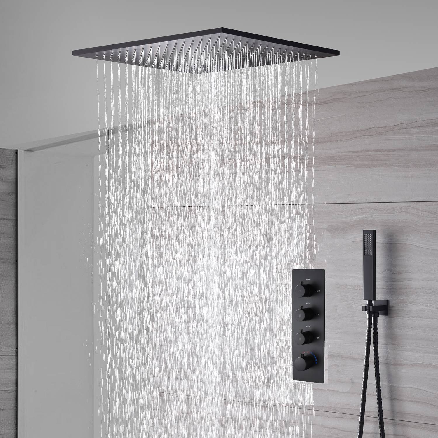 Matte Black 20'' or 24'' Ceiling or Flush Waterfall and Rainfall Digital Shower Set with Hand Shower - Image 14
