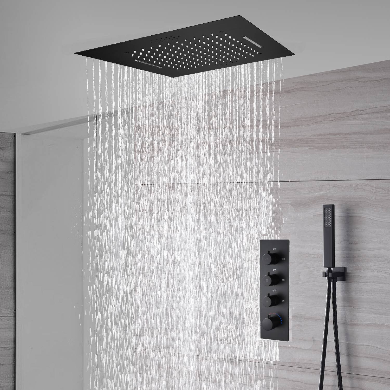 Matte Black 20'' or 24'' Ceiling or Flush Waterfall and Rainfall Digital Shower Set with Hand Shower - Image 15