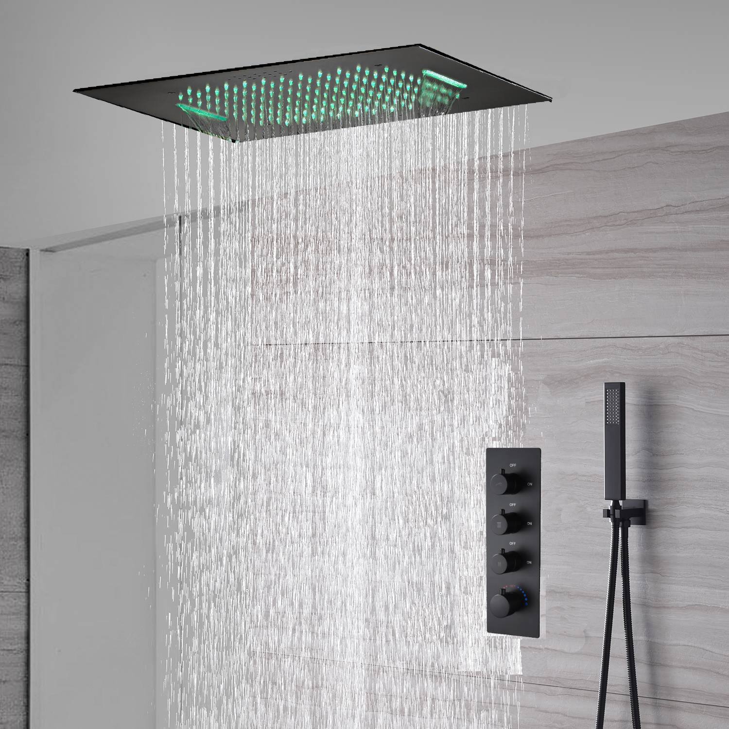 Matte Black 20'' or 24'' Ceiling or Flush Waterfall and Rainfall Digital Shower Set with Hand Shower - Image 16