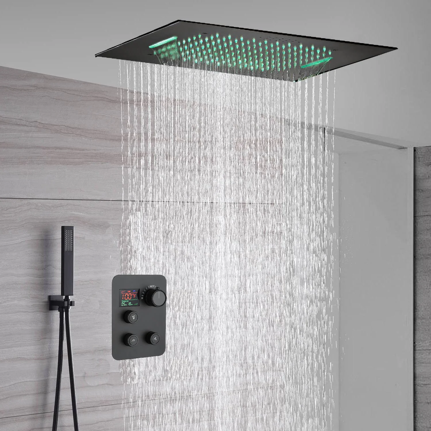 Matte Black 20'' or 24'' Ceiling or Flush Waterfall and Rainfall Digital Shower Set with Hand Shower - Image 4