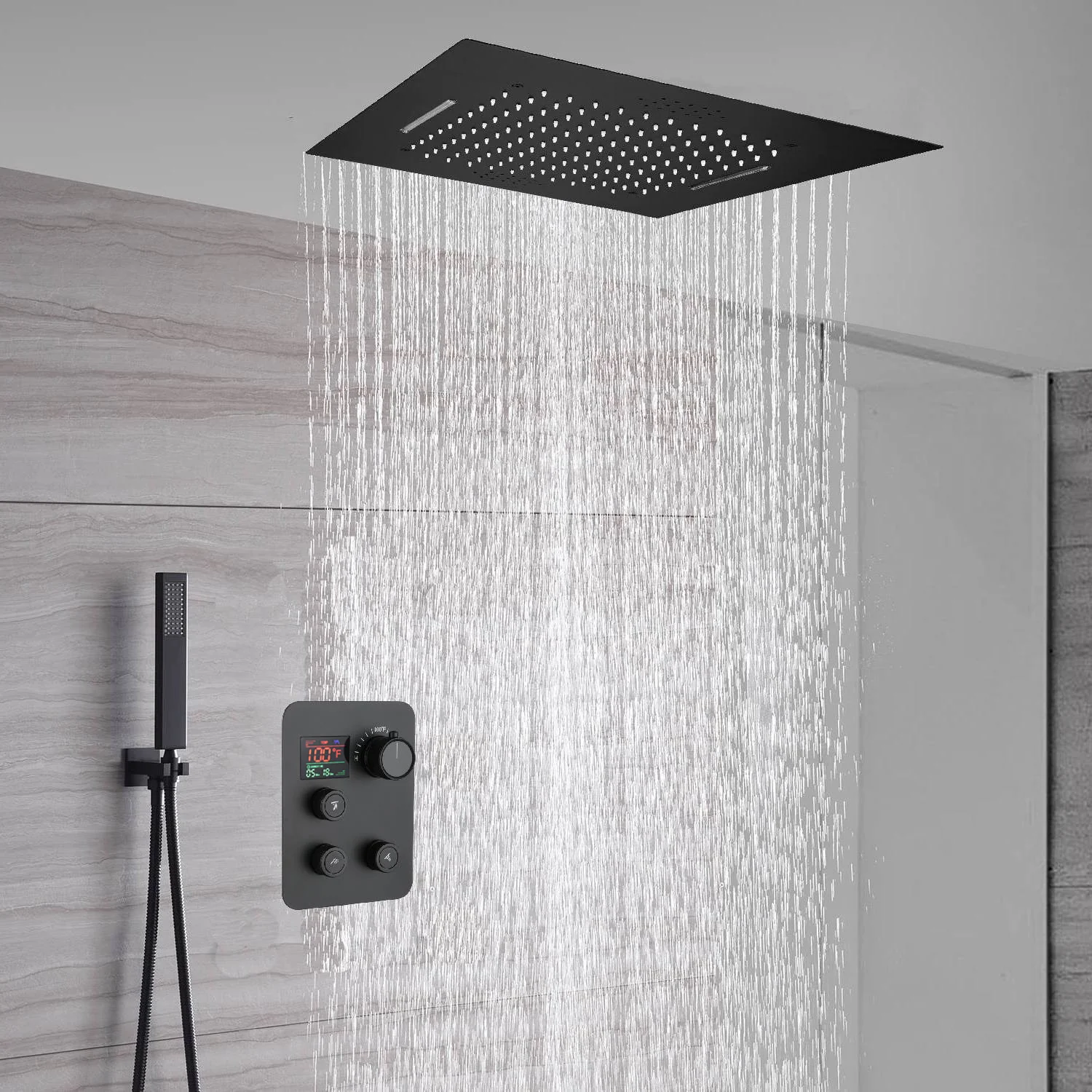 Matte Black 20'' or 24'' Ceiling or Flush Waterfall and Rainfall Digital Shower Set with Hand Shower - Image 5