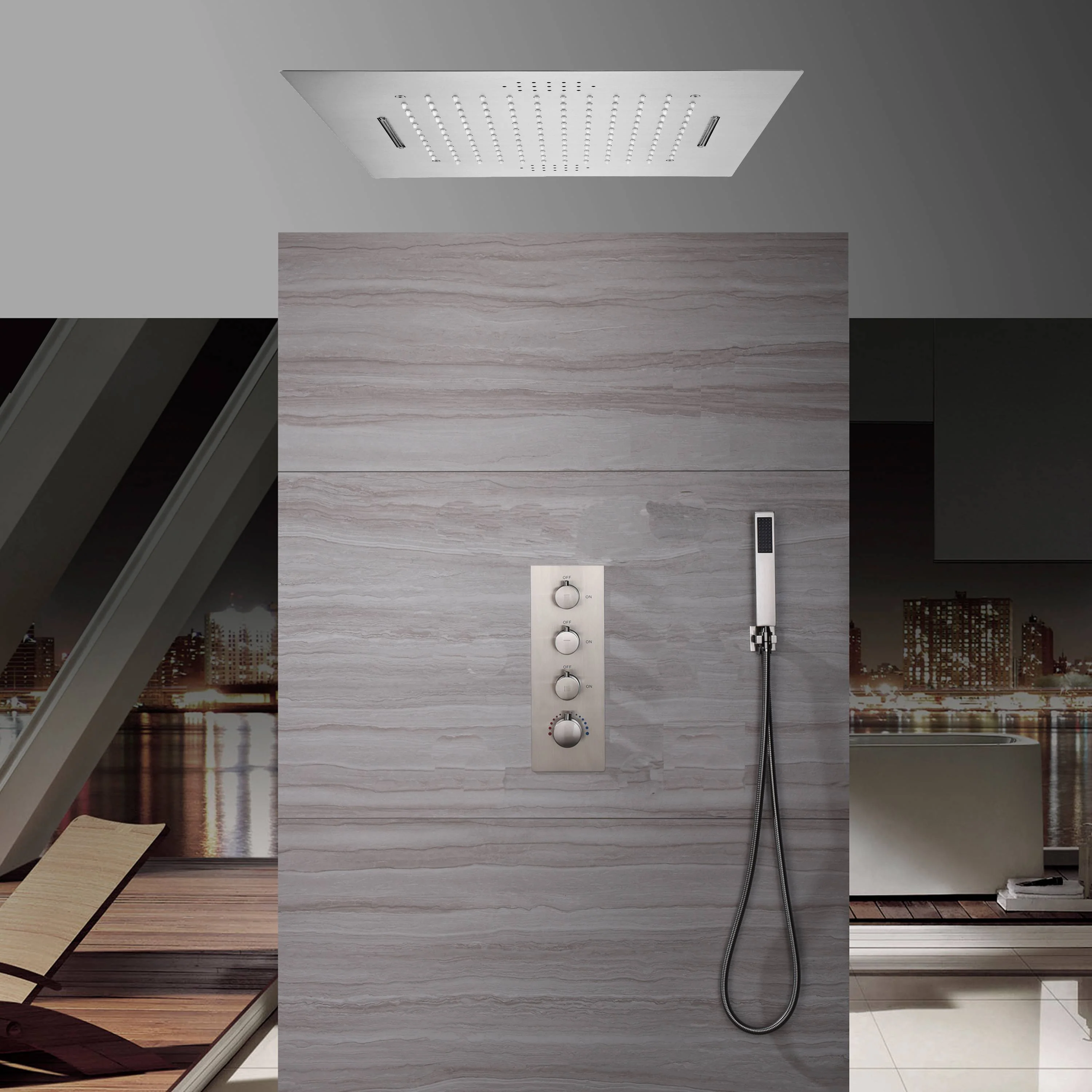 Flushed mount 20 Inch bluetooth music 64 LED lights Brushed nickel waterfall rainfall shower systems 3 way thermostatic shower system - Image 2