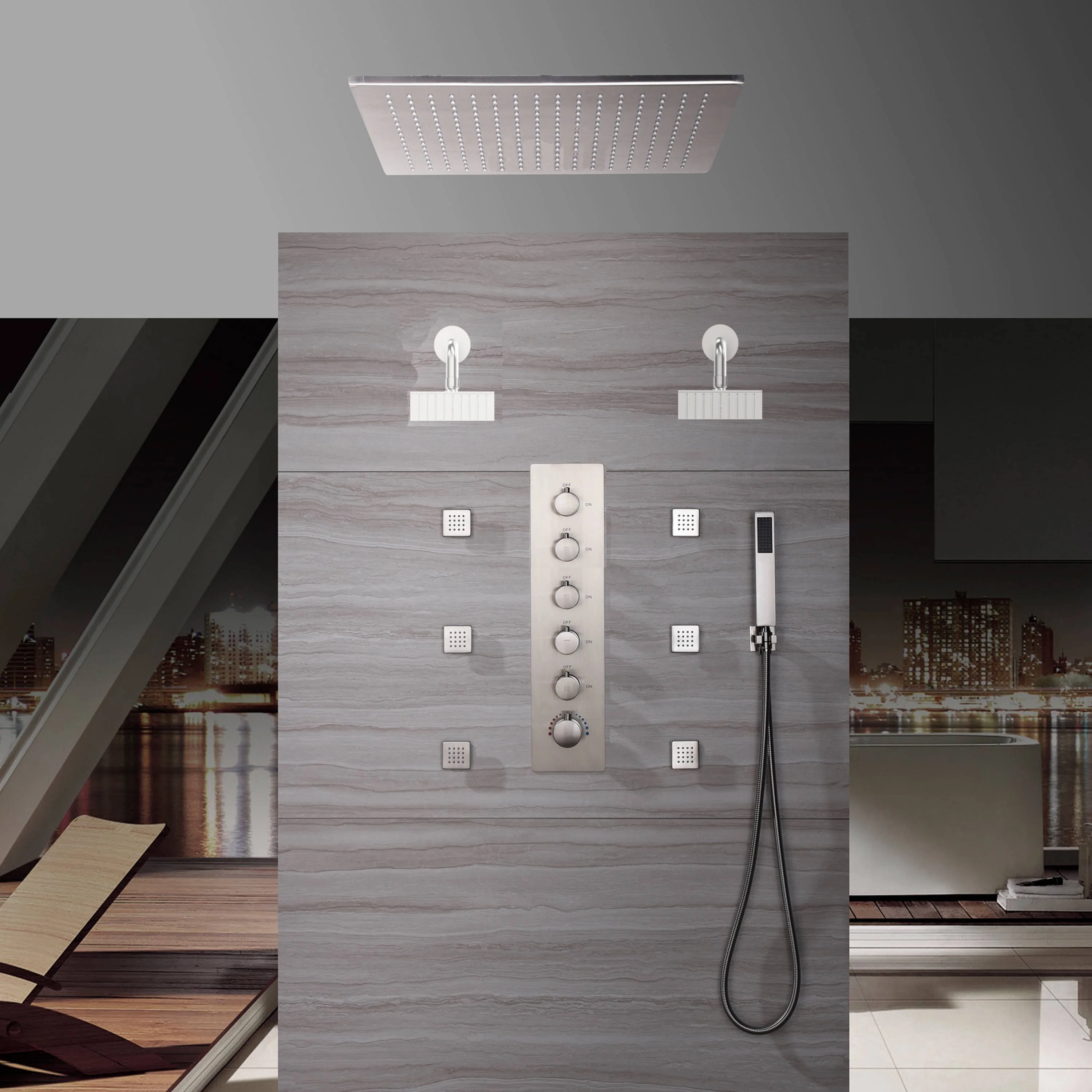 Brushed Nickel Ceiling-Mount 5-Way Thermostatic Shower Faucet: Featuring Digital Display, 6 Body Jets, Wall-Mounted 6-Inch Regular Shower Head, and an Optional 20-Inch LED Rain Head - Image 2