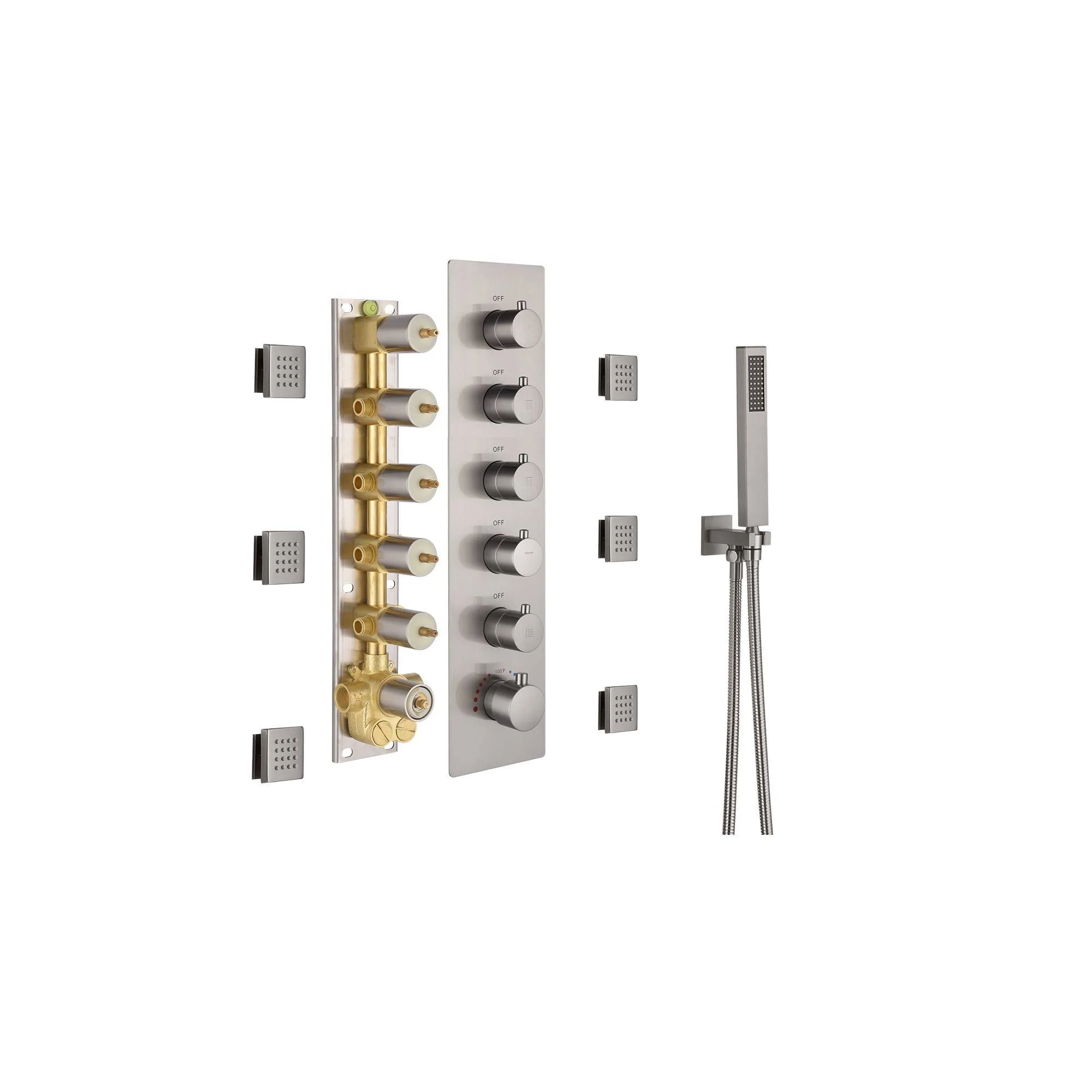Brushed Nickel Ceiling-Mount 5-Way Thermostatic Shower Faucet: Featuring Digital Display, 6 Body Jets, Wall-Mounted 6-Inch Regular Shower Head, and an Optional 20-Inch LED Rain Head - Image 4