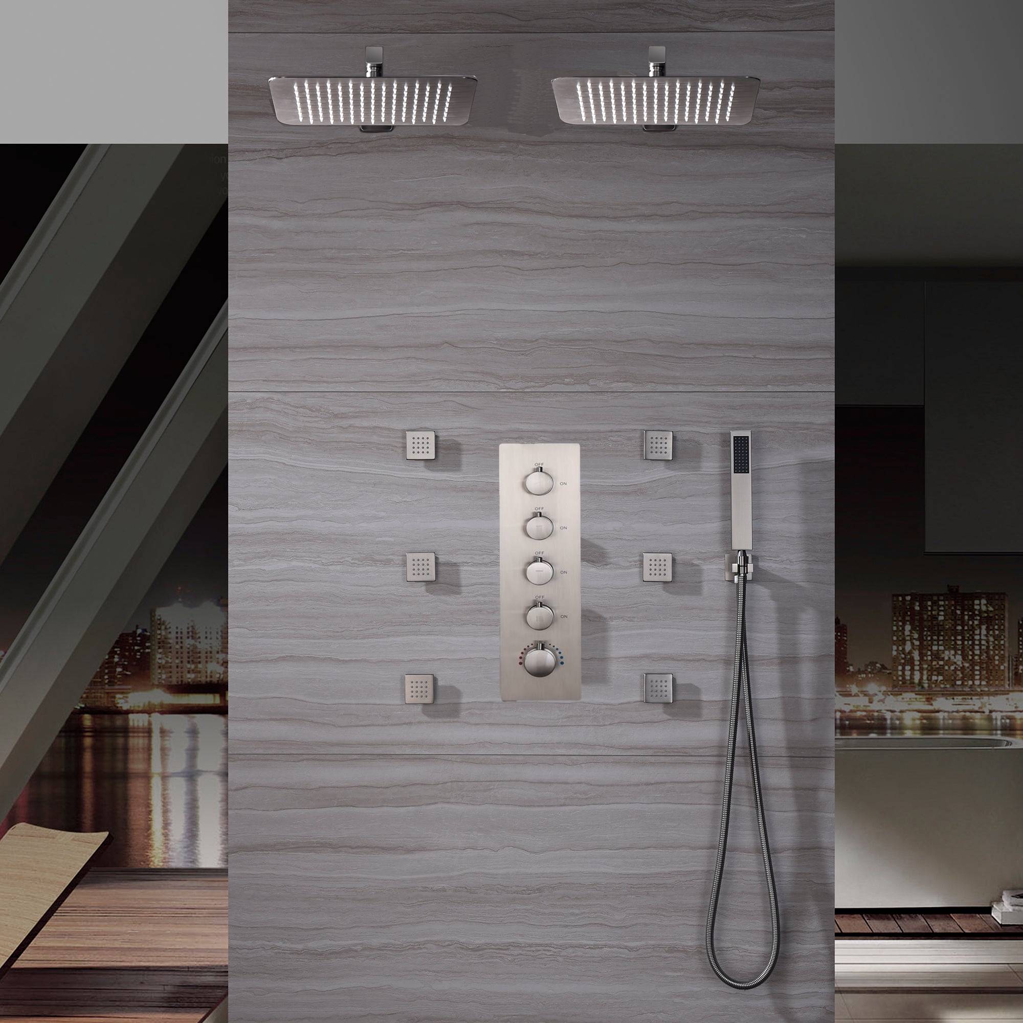 wall mount Dual rainfall 12 inch Brushed nickel shower systems 4 way thermostatic valve with 6 body jets and sliding bar