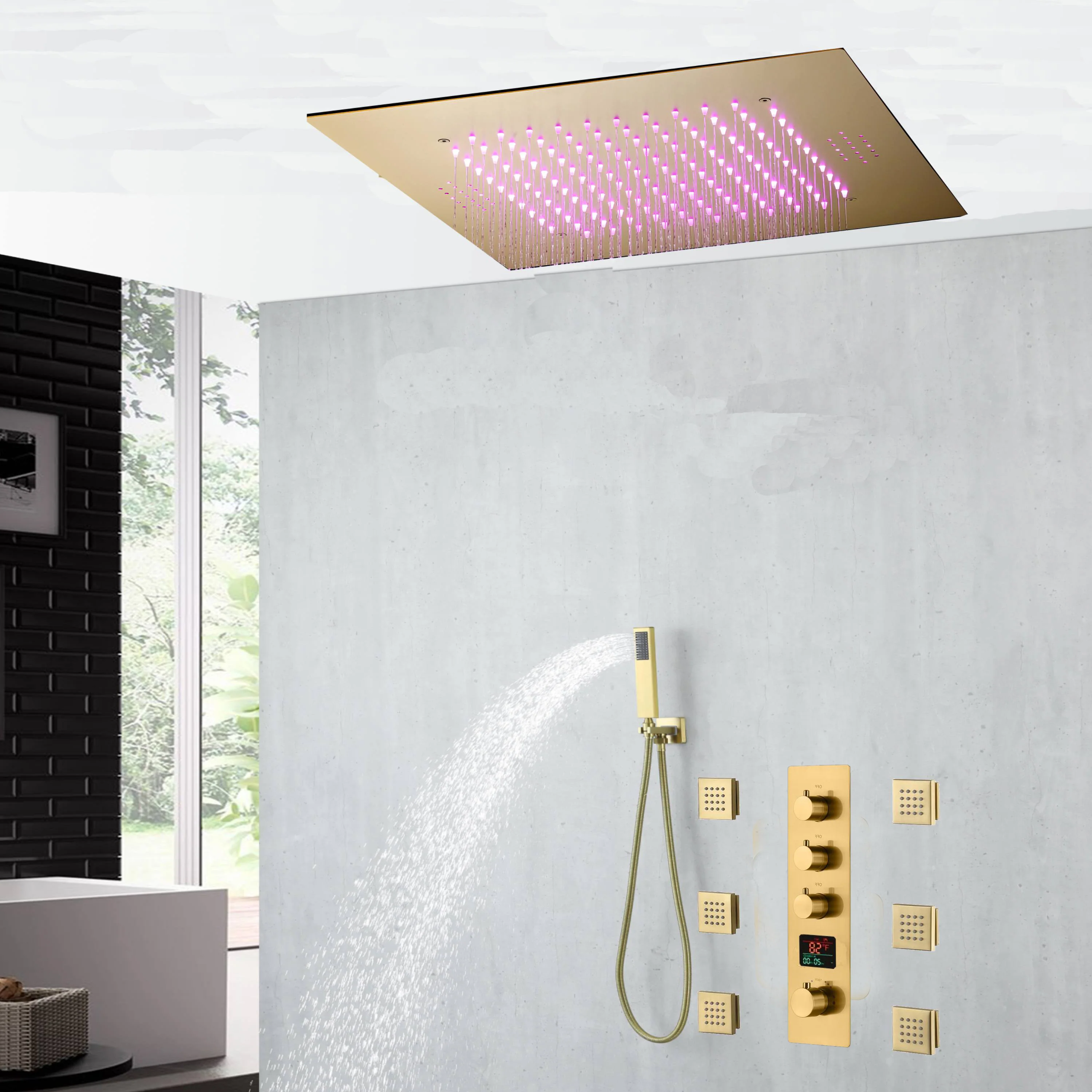 20 inch ceiling or flush mount Brushed gold 3 way thermostatic shower faucet with Body sprayers and handle sprayer - Image 10