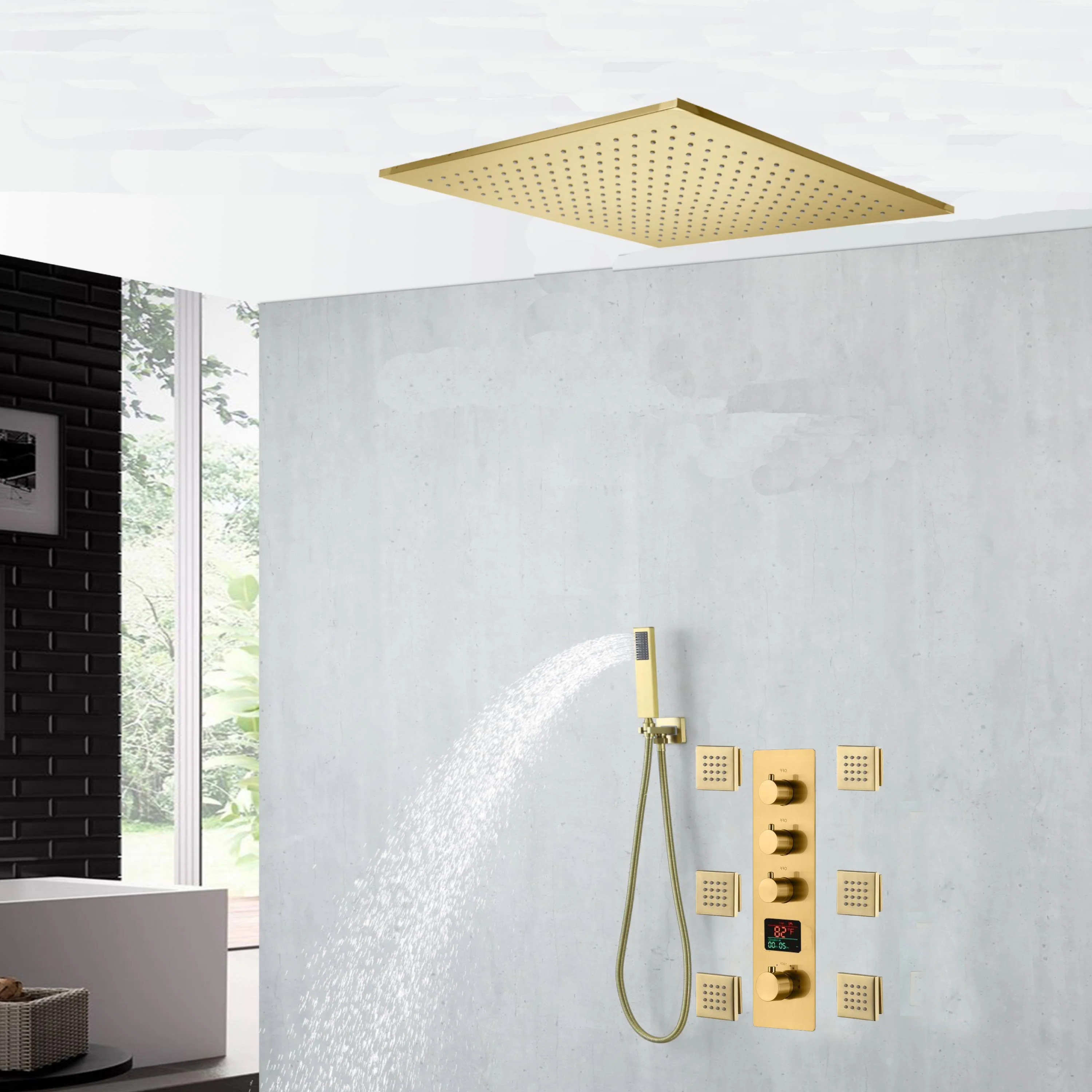 20 inch ceiling or flush mount Brushed gold 3 way thermostatic shower faucet with Body sprayers and handle sprayer - Image 11