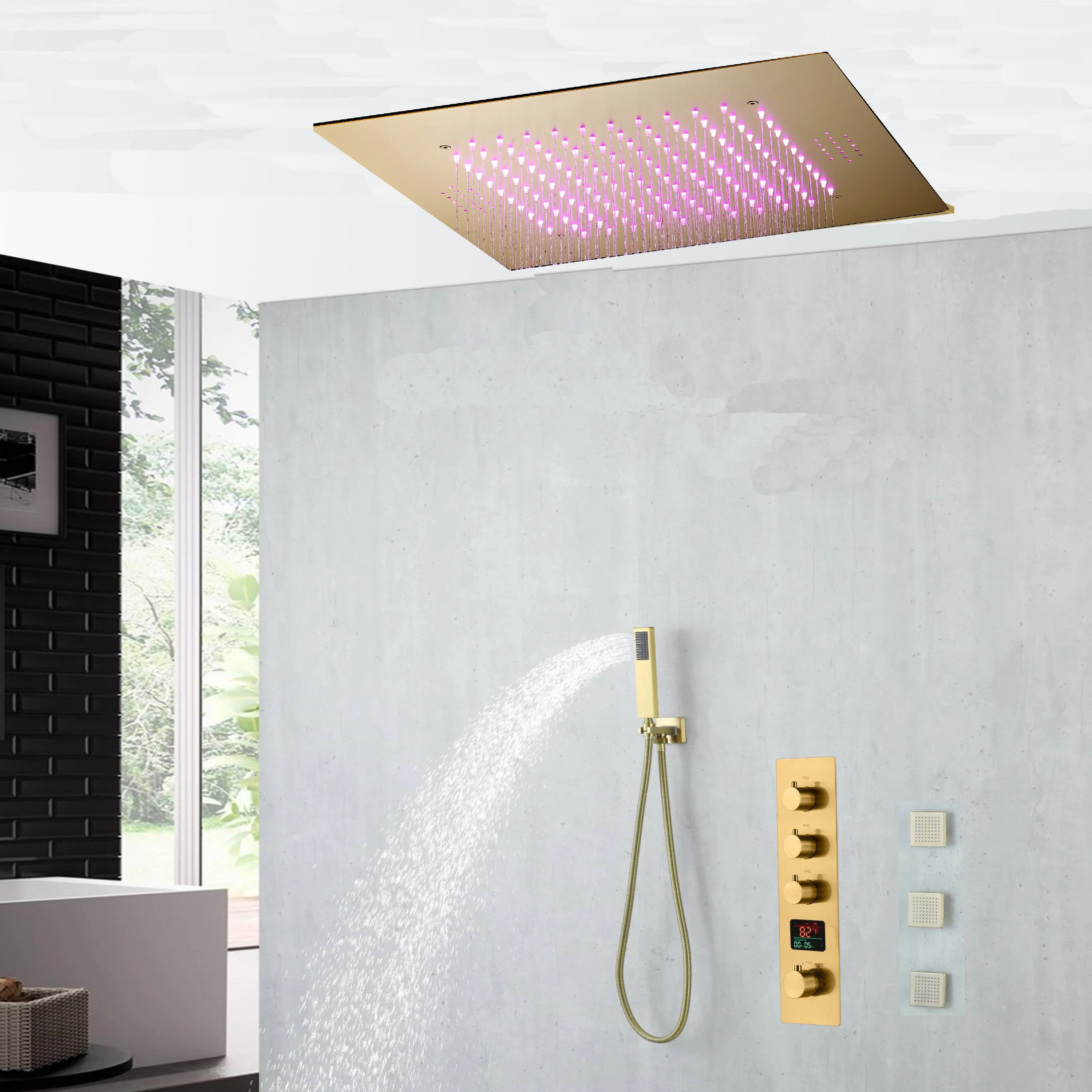 20 inch ceiling or flush mount Brushed gold 3 way thermostatic shower faucet with Body sprayers and handle sprayer - Image 12