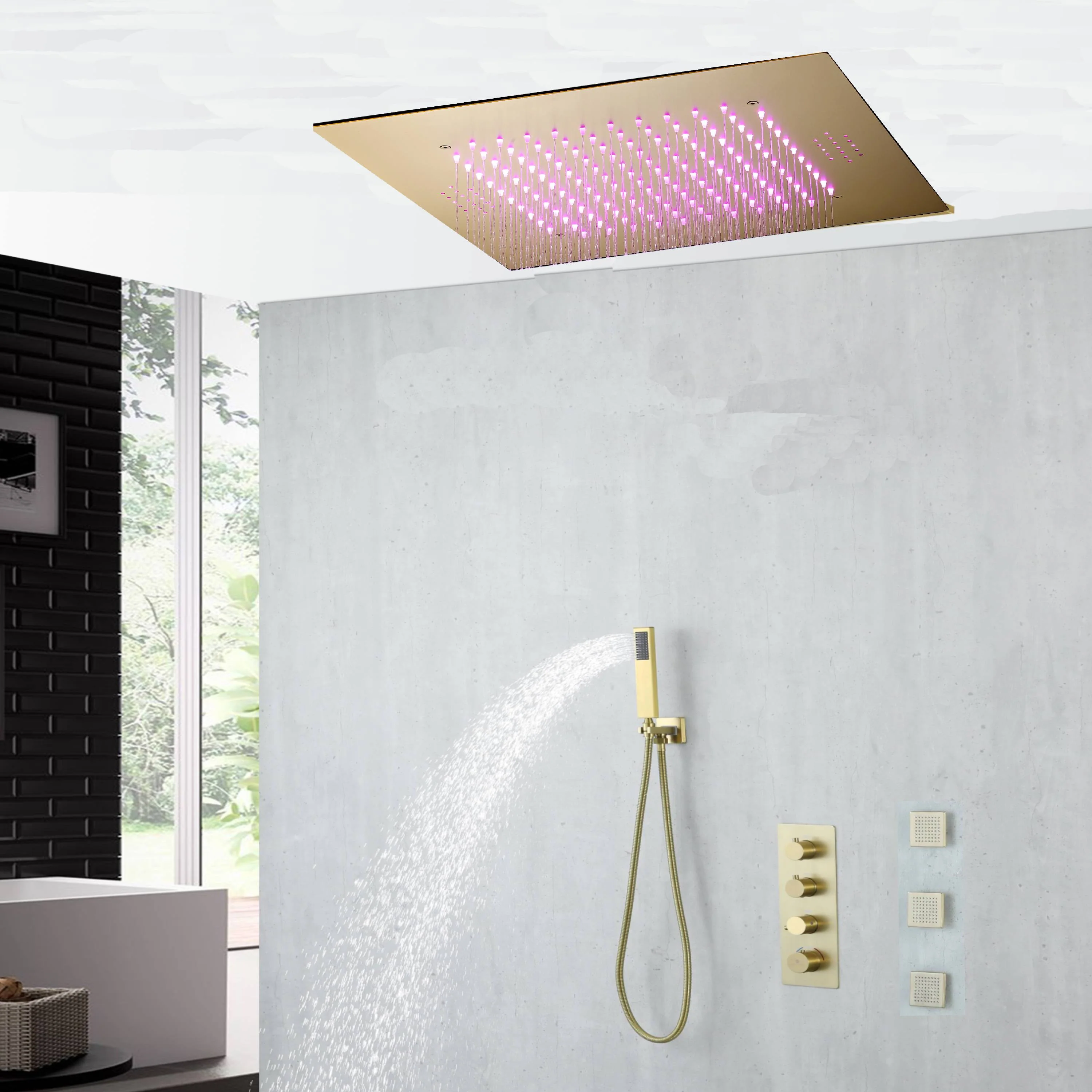 20 inch ceiling or flush mount Brushed gold 3 way thermostatic shower faucet with Body sprayers and handle sprayer - Image 3