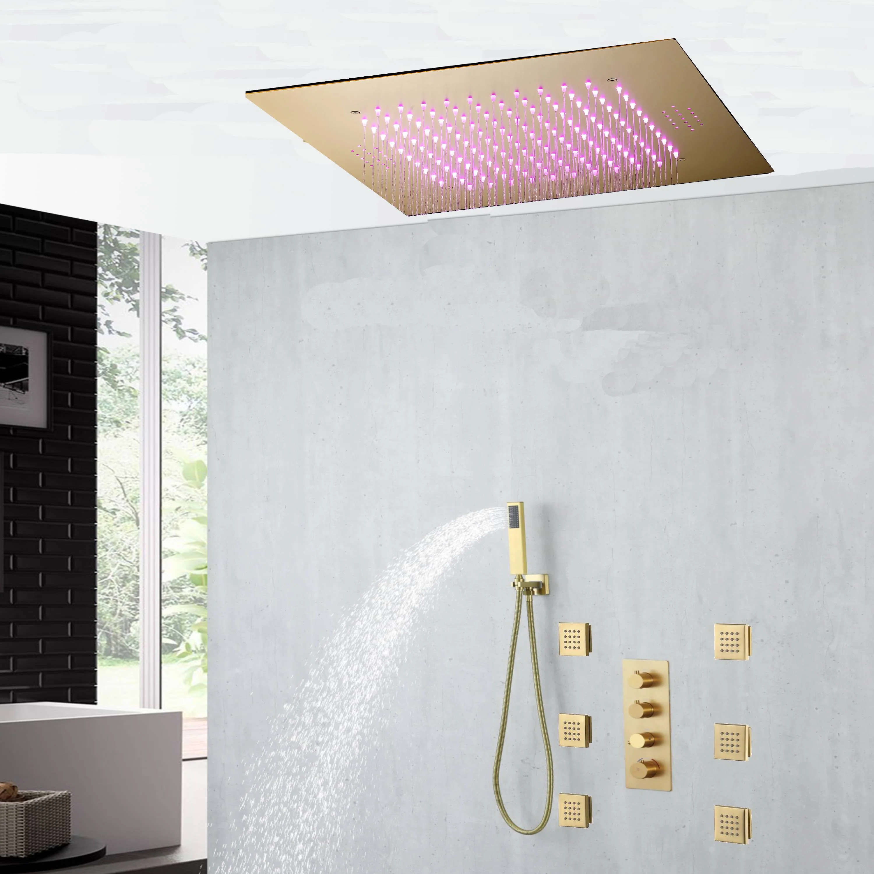 20 inch ceiling or flush mount Brushed gold 3 way thermostatic shower faucet with Body sprayers and handle sprayer - Image 4