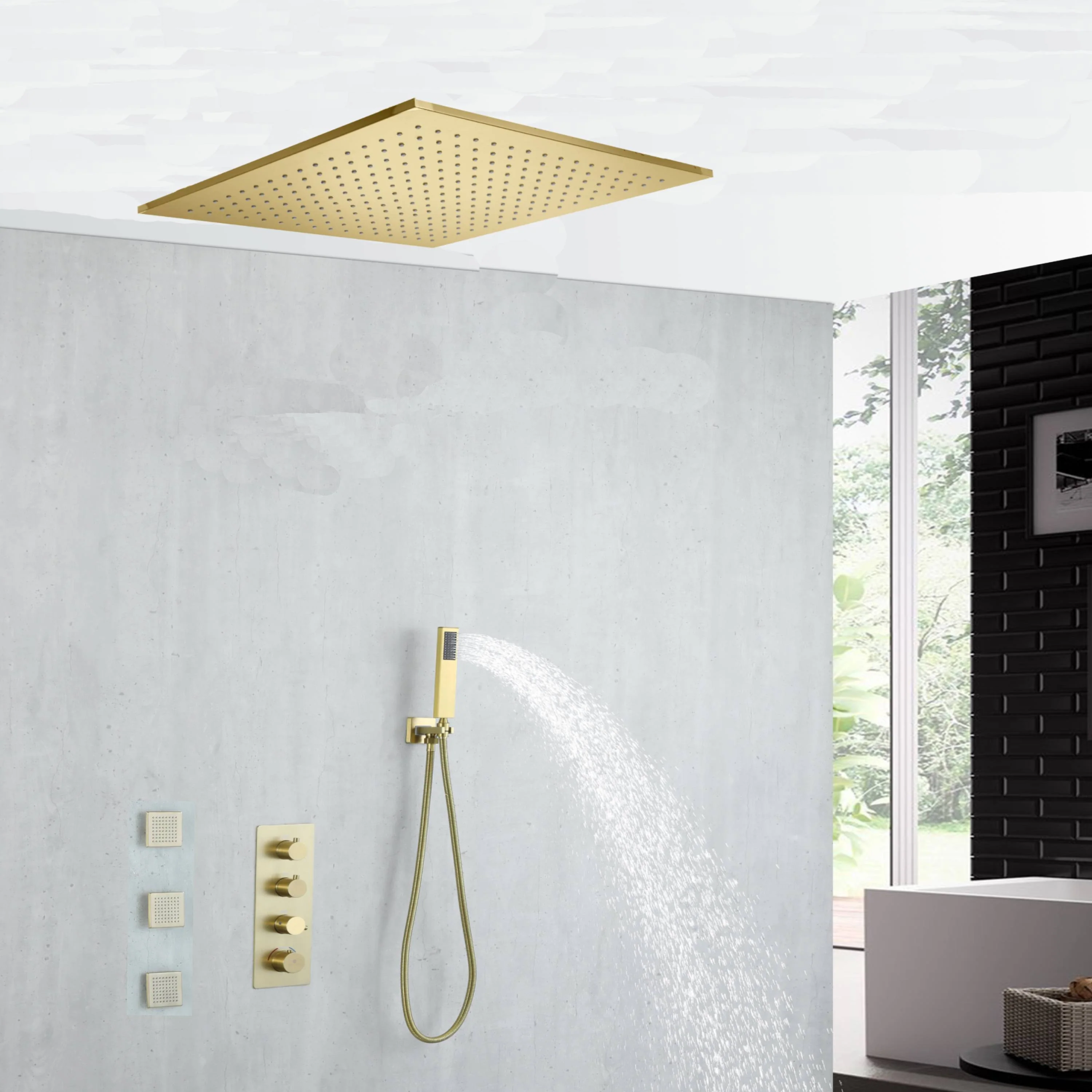 20 inch ceiling or flush mount Brushed gold 3 way thermostatic shower faucet with Body sprayers and handle sprayer - Image 5