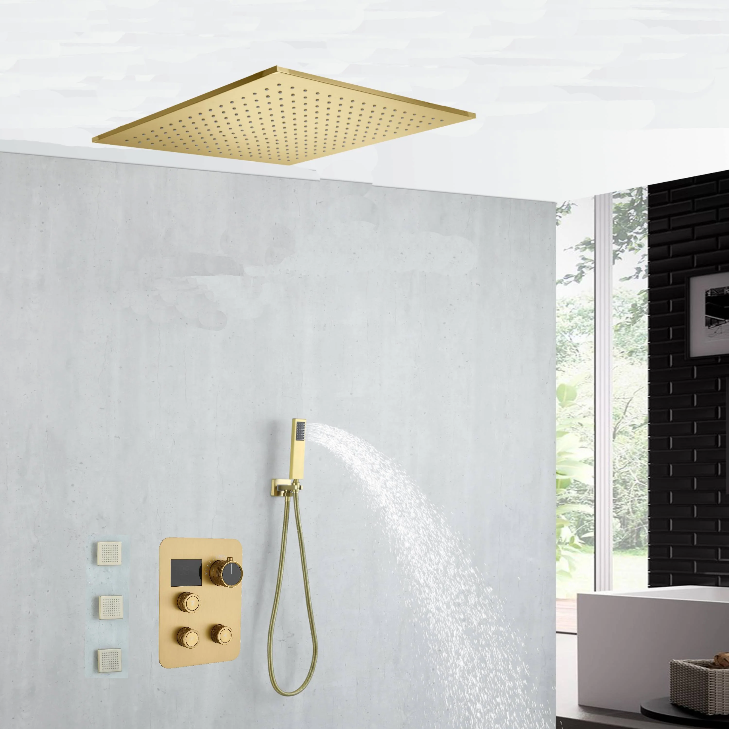 20 inch ceiling or flush mount Brushed gold 3 way thermostatic shower faucet with Body sprayers and handle sprayer - Image 6