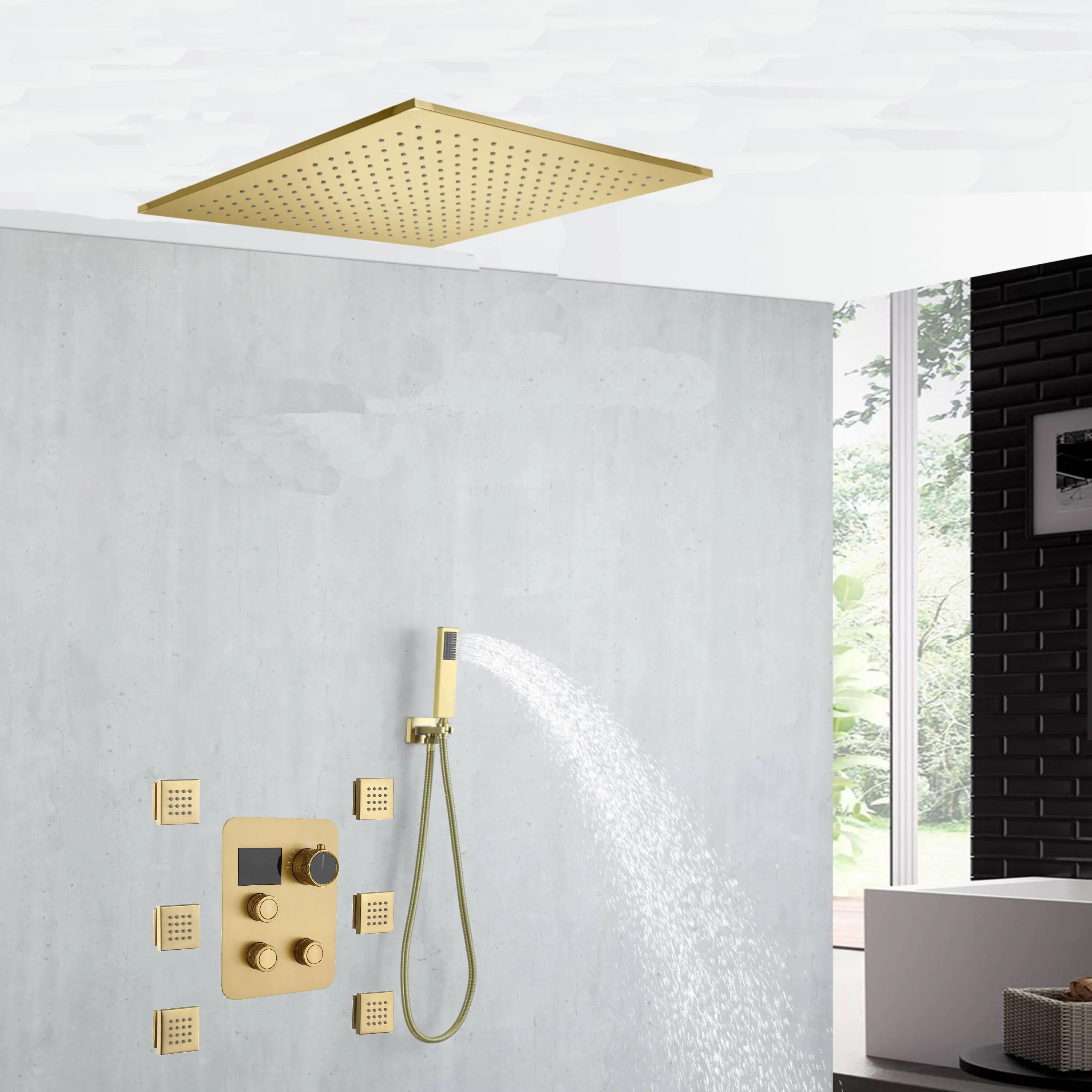 20 inch ceiling or flush mount Brushed gold 3 way thermostatic shower faucet with Body sprayers and handle sprayer - Image 7
