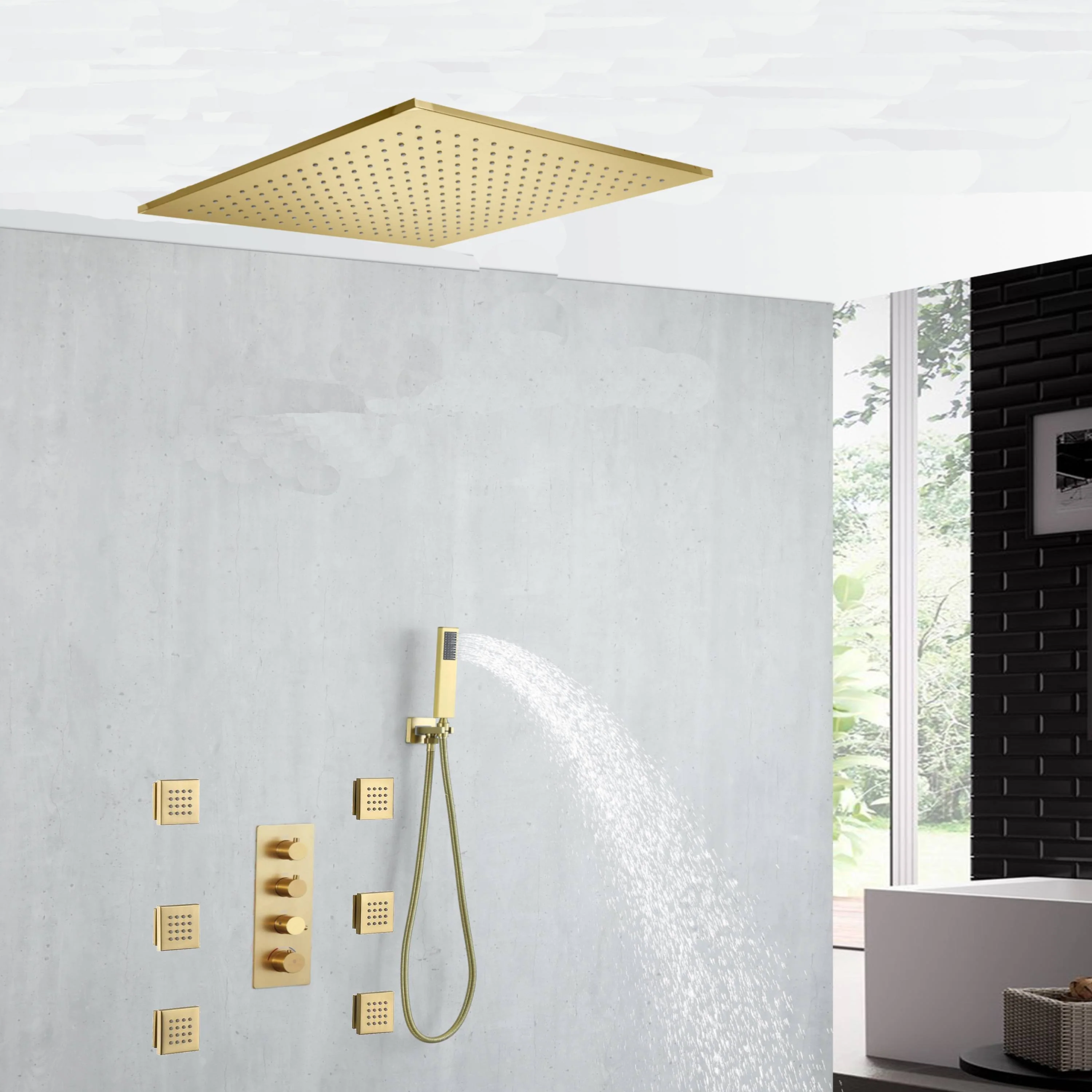 20 inch ceiling or flush mount Brushed gold 3 way thermostatic shower faucet with Body sprayers and handle sprayer - Image 8