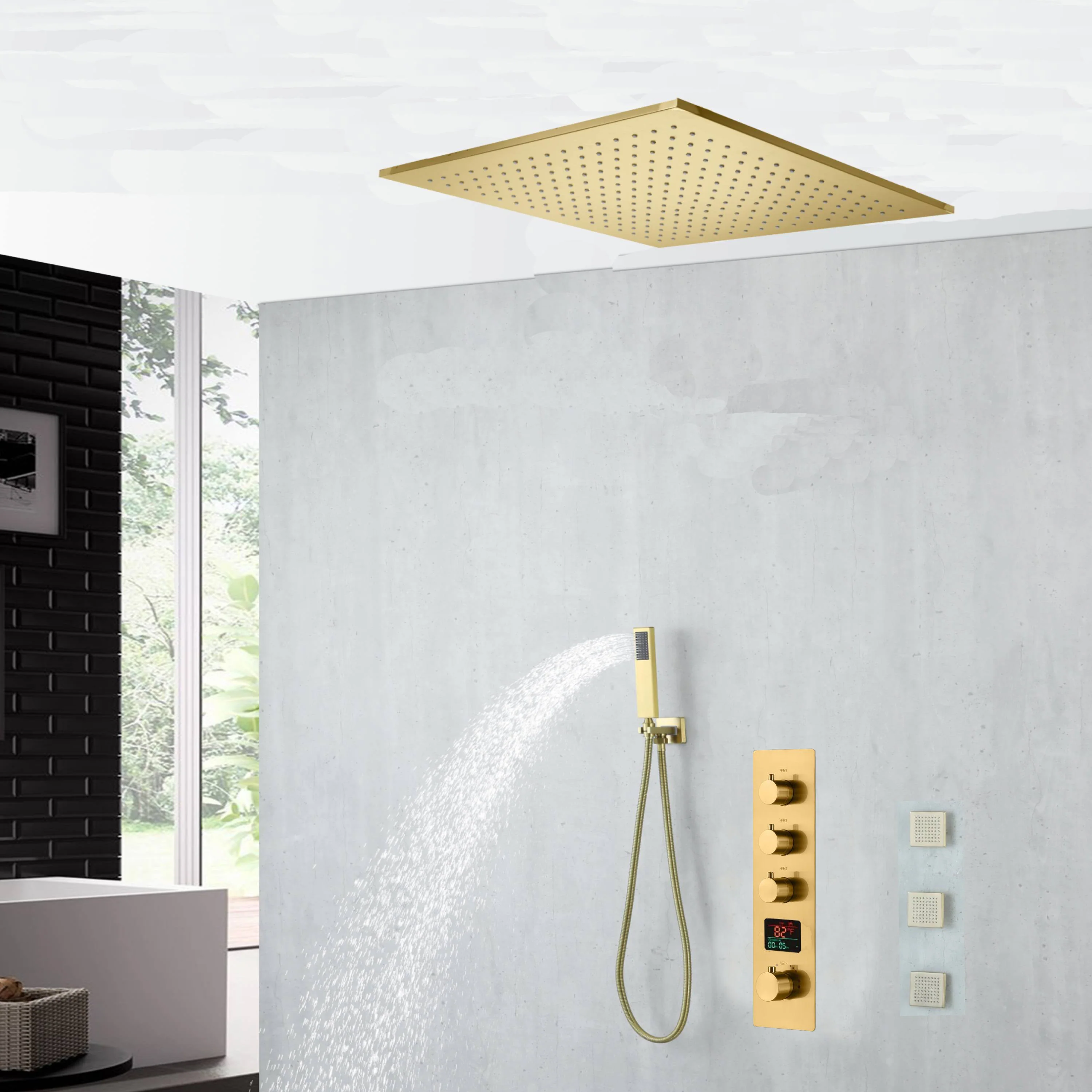 20 inch ceiling or flush mount Brushed gold 3 way thermostatic shower faucet with Body sprayers and handle sprayer - Image 9