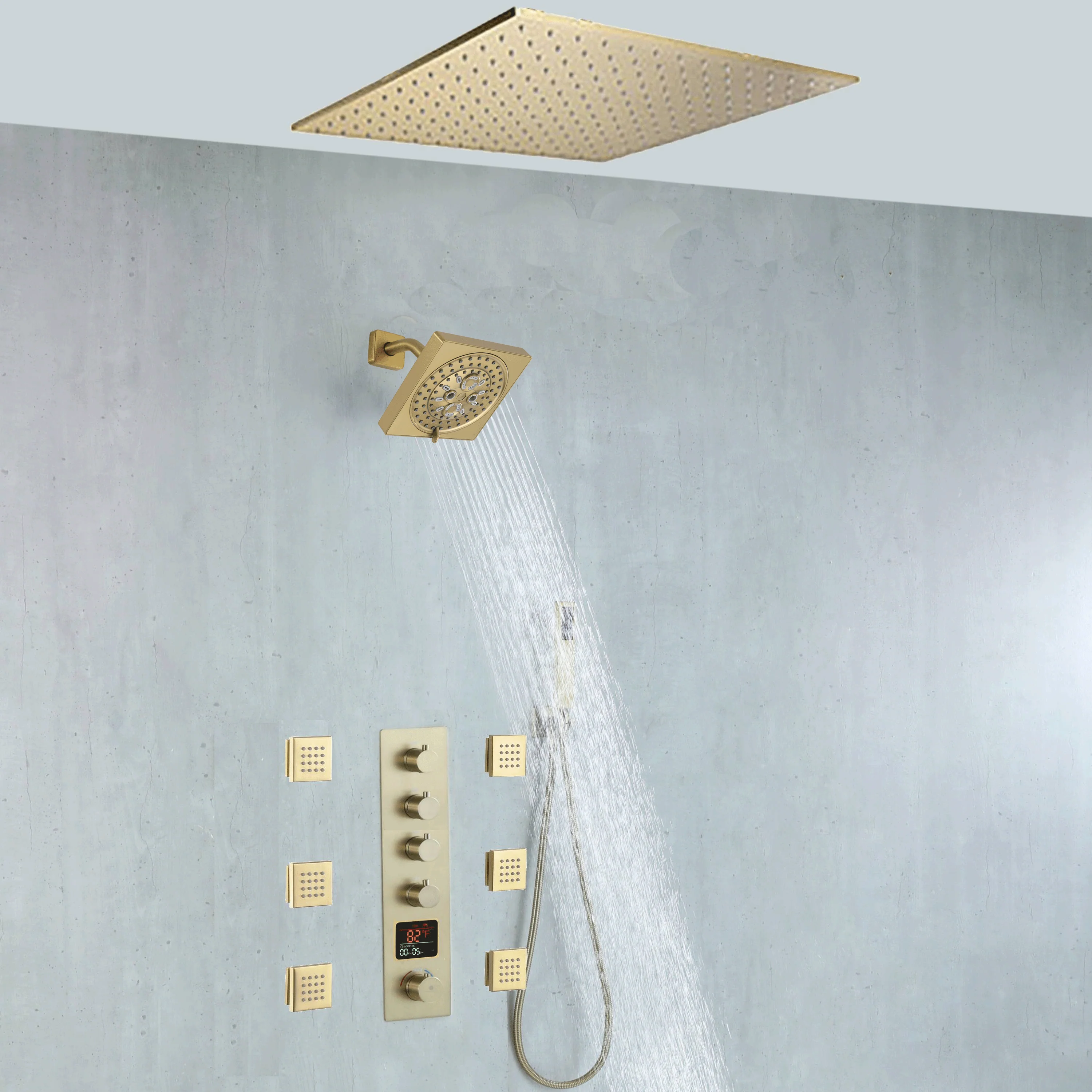 20 inch ceiling mount Brushed gold 4 way digital display thermostatic shower faucet with high pressure 6 '' head and 4 inch body jets and handle sprayer - Image 3
