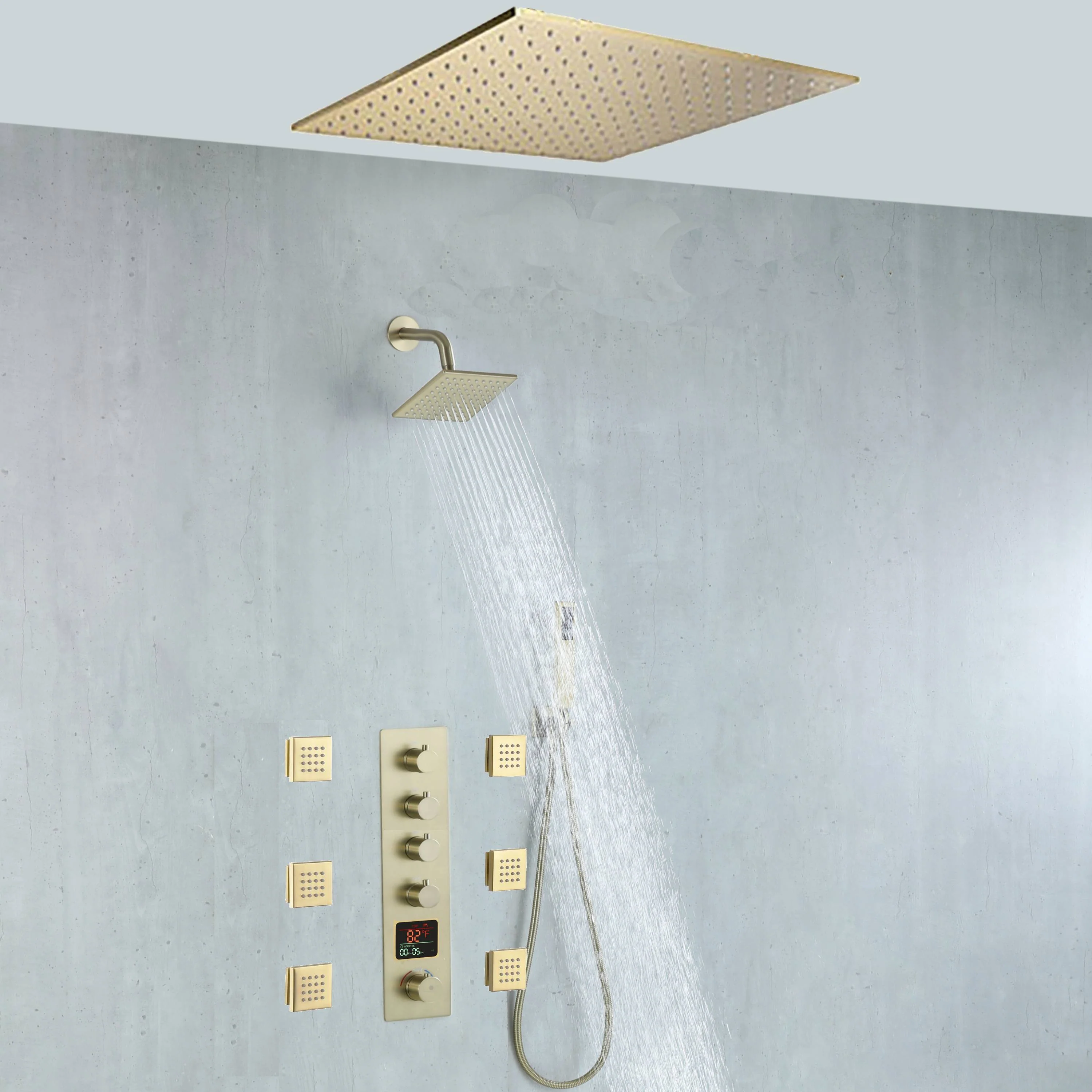 20 inch ceiling mount Brushed gold 4 way digital display thermostatic shower faucet with high pressure 6 '' head and 4 inch body jets and handle sprayer - Image 4