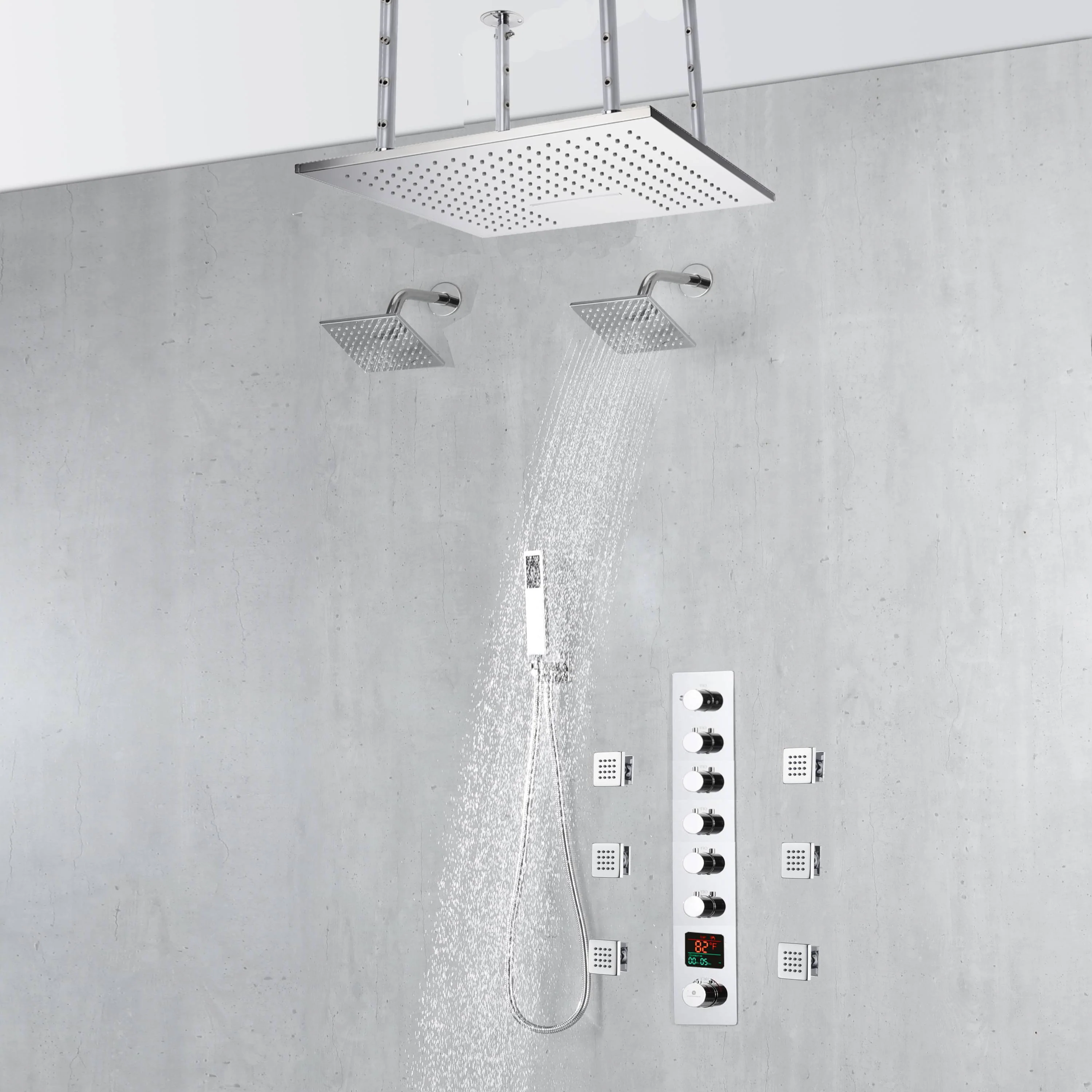 20-Inch Ceiling-Mounted Chrome Thermostatic 6-Way Shower System: Rainfall, Waterfall, Body Jets, Dual Regular Heads, and Handheld Wand - Image 2