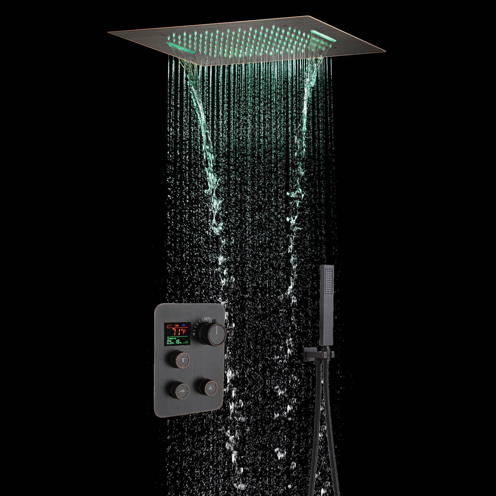 64 LED light Bluetooth Music 20-inch Rainfall Waterfall Flush Mounted Oil Rubbed Bronze 3-Way Thermostatic Shower Faucet System - Image 2