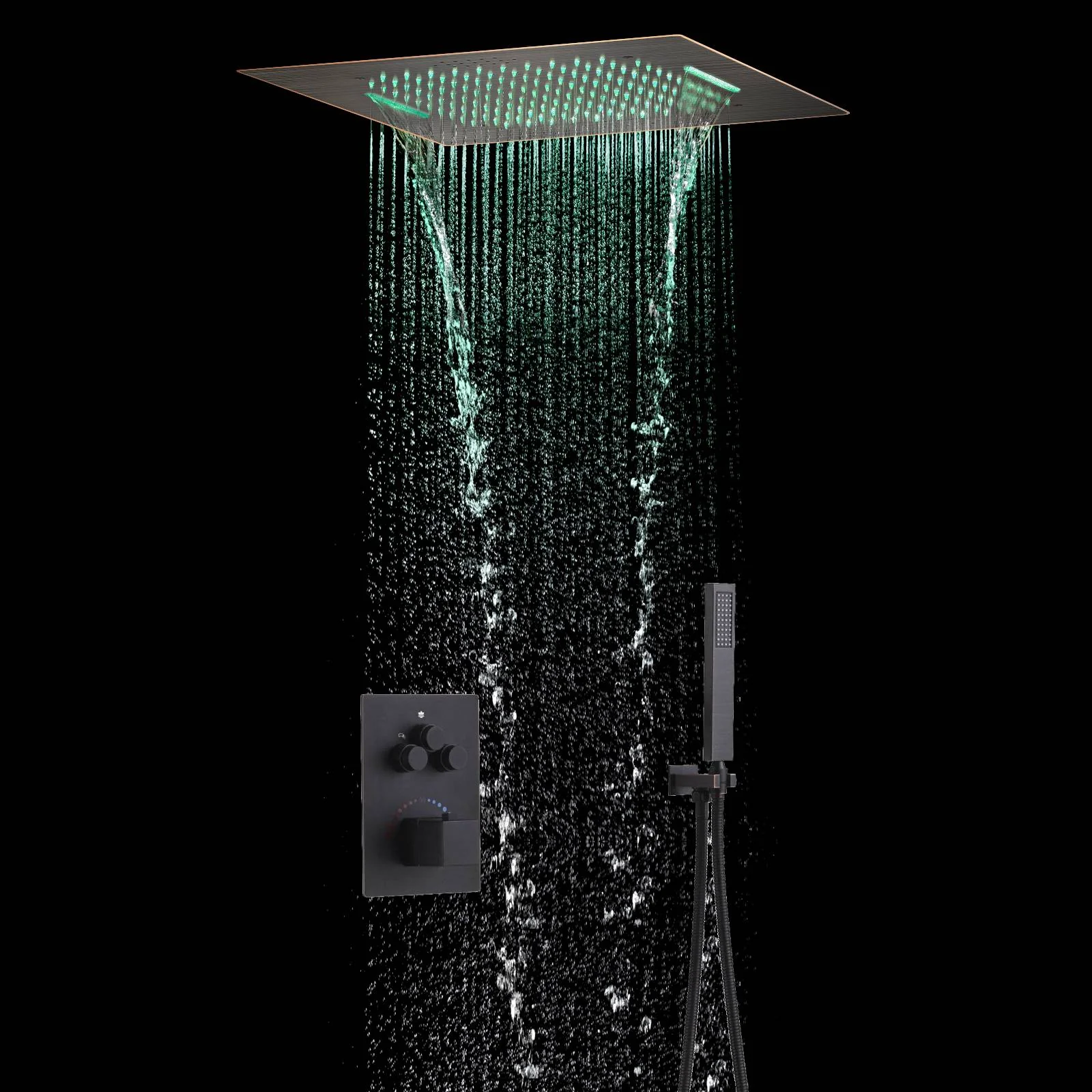 64 LED light Bluetooth Music 20-inch Rainfall Waterfall Flush Mounted Oil Rubbed Bronze 3-Way Thermostatic Shower Faucet System - Image 3