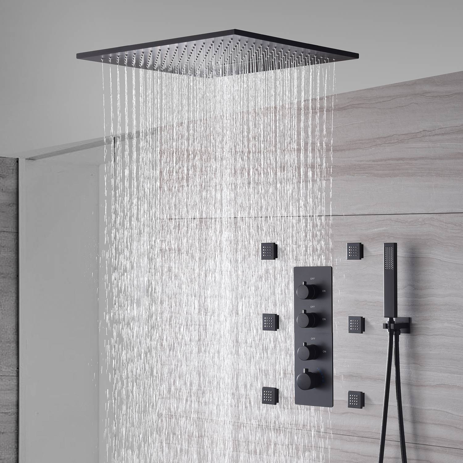 Matte Black 20" or 24" Ceiling-Mounted 3-Way Thermostatic Shower Faucet - Image 3