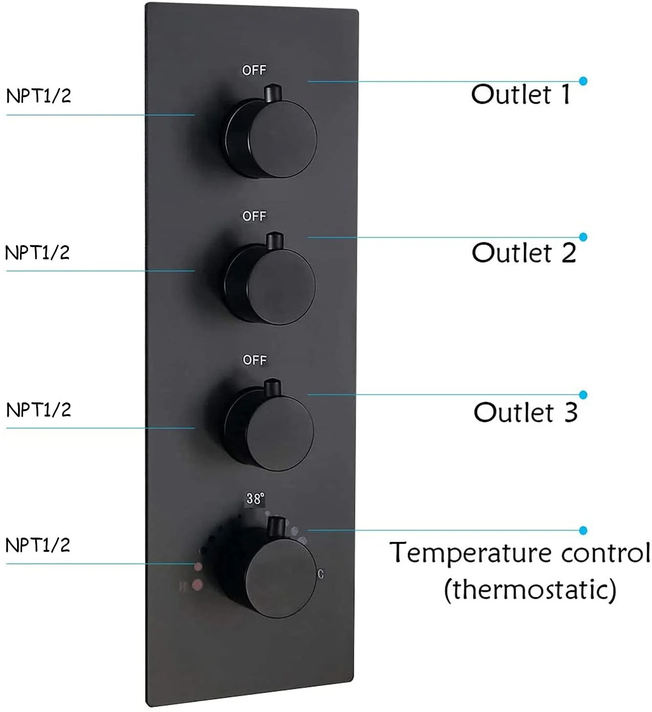 Matte Black Wall-Mounted 3-Way Thermostatic Shower Faucet with 12-Inch or 16-Inch LED or Non-LED Shower Head, Body Jets, and Sliding Bar - Image 6
