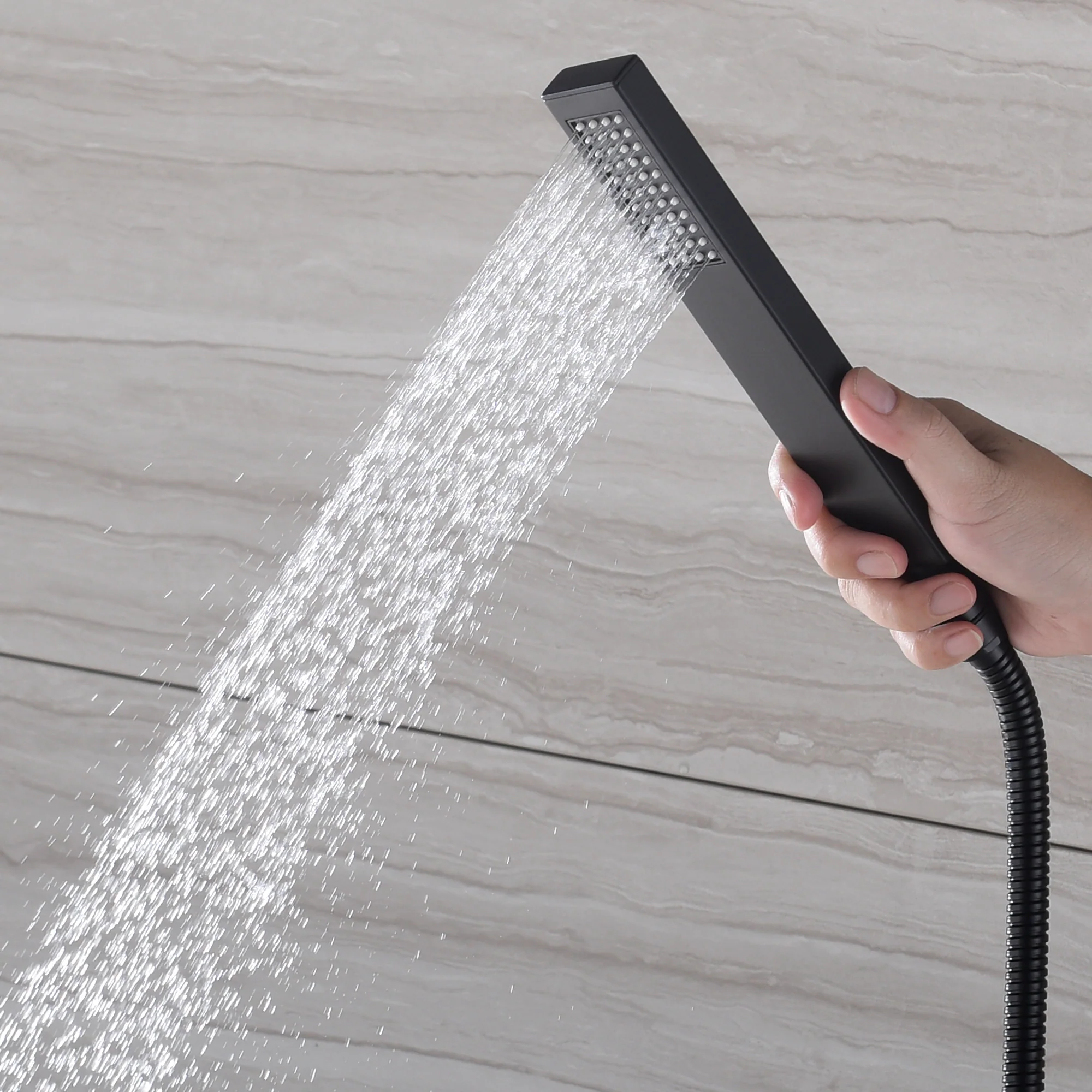 Matte Black Wall-Mounted 3-Way Thermostatic Shower Faucet with 12-Inch or 16-Inch LED or Non-LED Shower Head, Body Jets, and Sliding Bar - Image 7