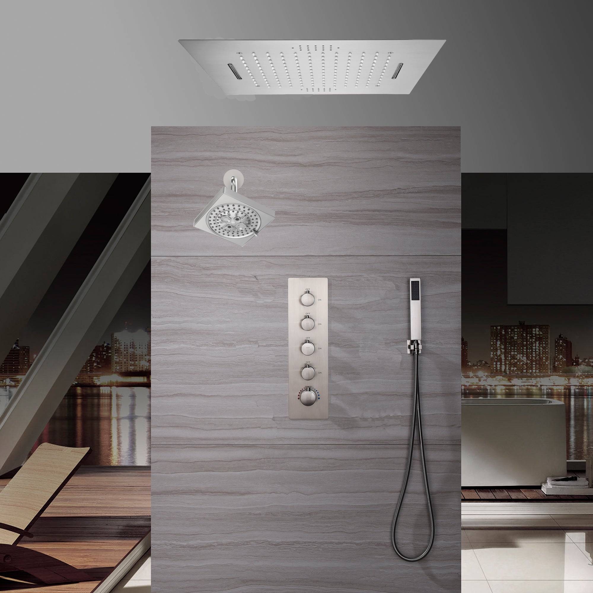 20-Inch Brushed Nickel Flush Mount 4 Way thermostatic Shower System with 64 LED Lights, Bluetooth Music, and Thermostatic Valve with Optional Digital Display - Image 3