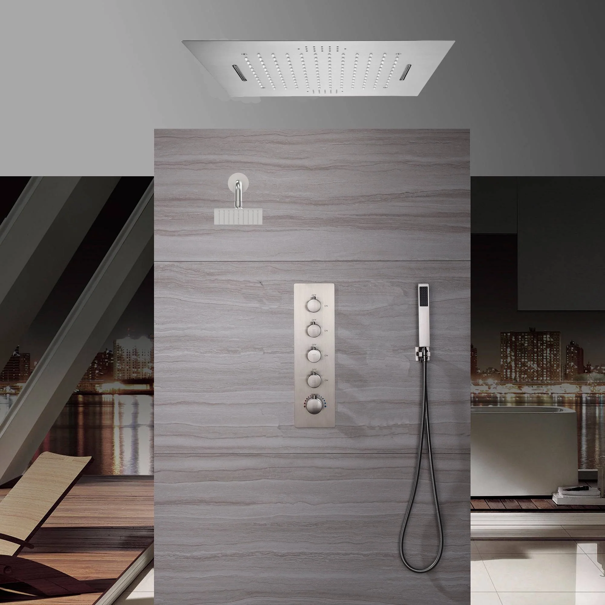 20-Inch Brushed Nickel Flush Mount 4 Way thermostatic Shower System with 64 LED Lights, Bluetooth Music, and Thermostatic Valve with Optional Digital Display - Image 4