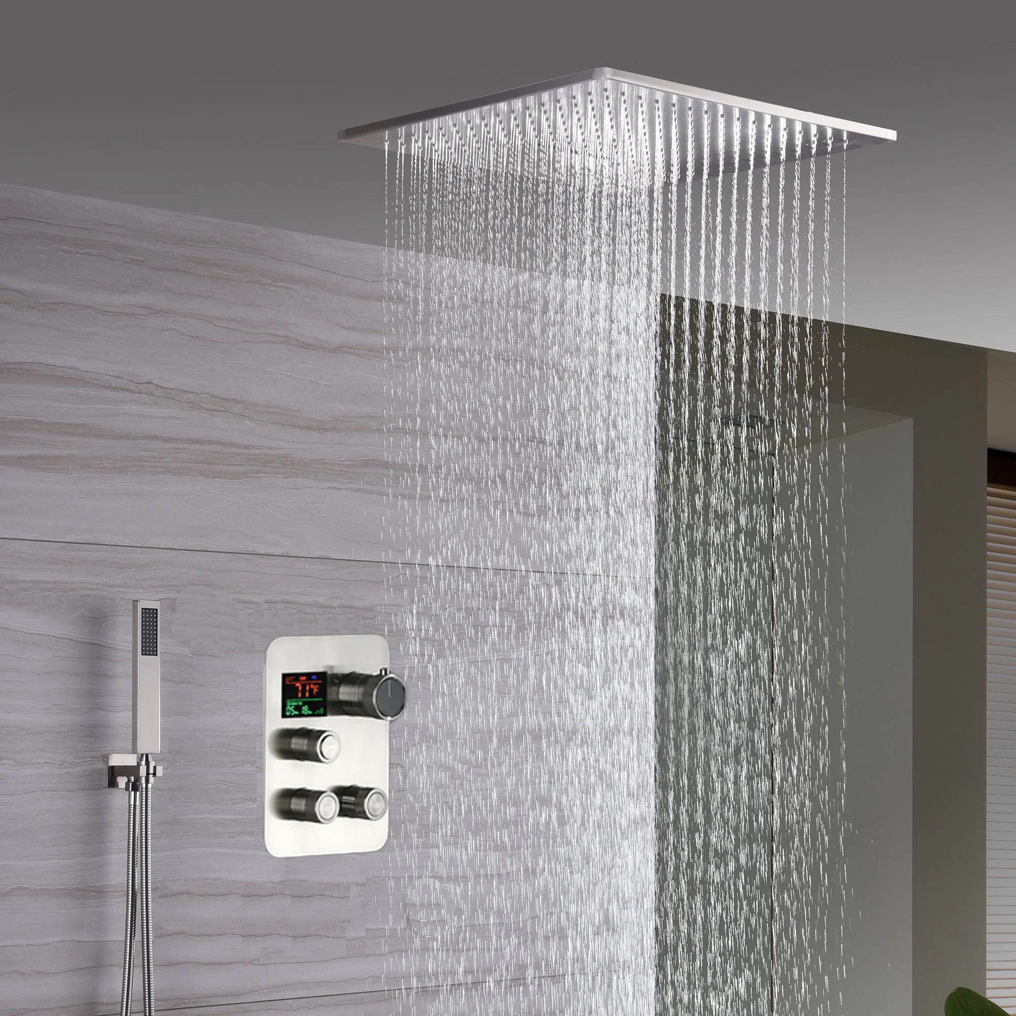 20inch Brushed nickel ceiling or flush mount rainfall waterfall shower systems 3 way thermostatic shower faucet that available in both led light or non-led light options - Image 10