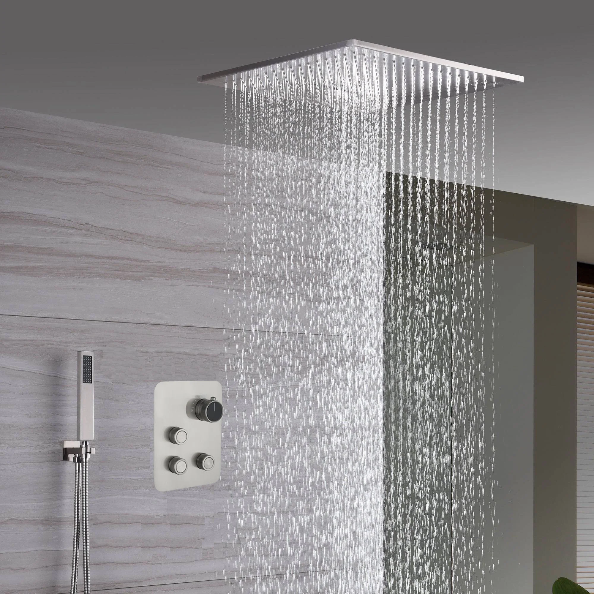 20inch Brushed nickel ceiling or flush mount rainfall waterfall shower systems 3 way thermostatic shower faucet that available in both led light or non-led light options - Image 11