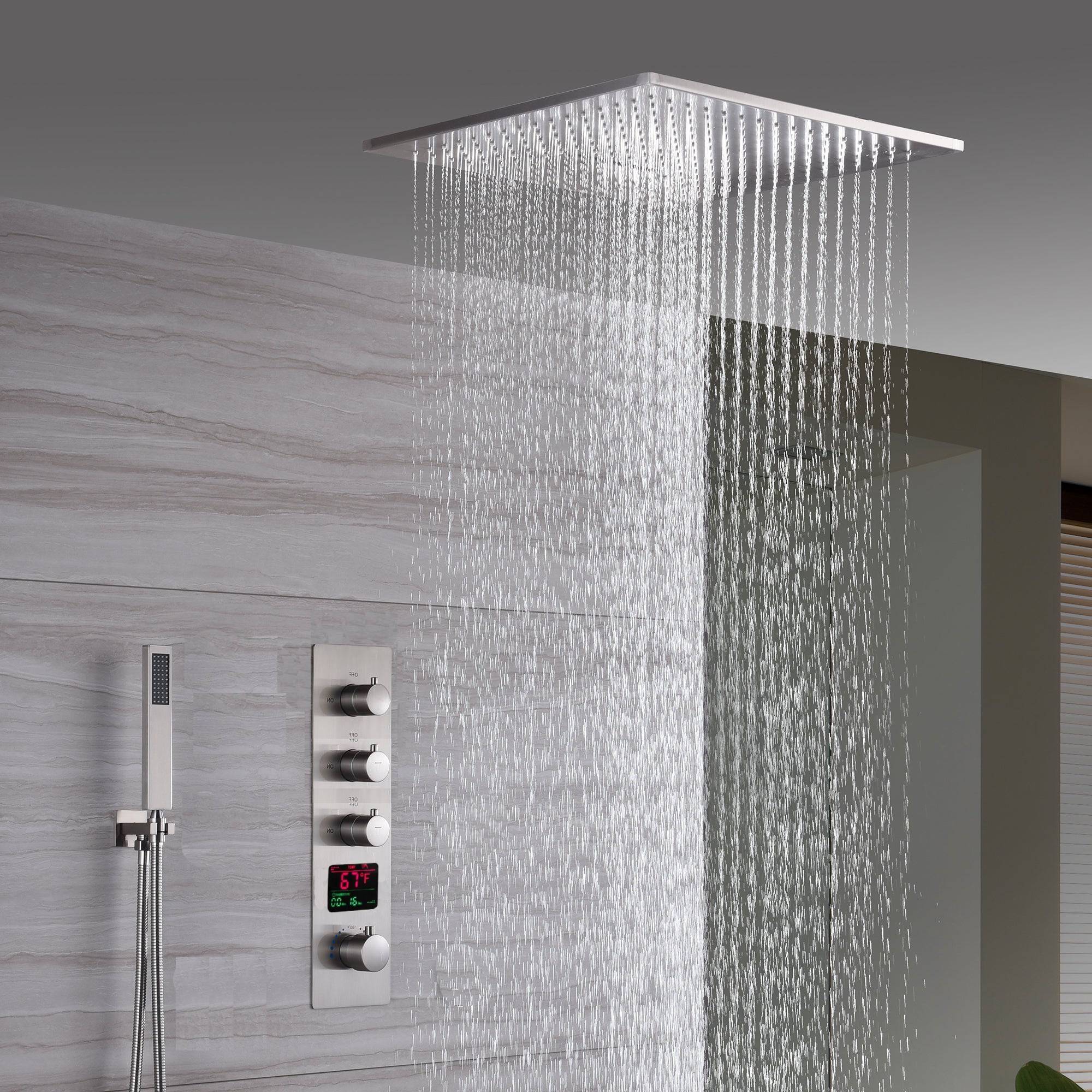 20inch Brushed nickel ceiling or flush mount rainfall waterfall shower systems 3 way thermostatic shower faucet that available in both led light or non-led light options - Image 12