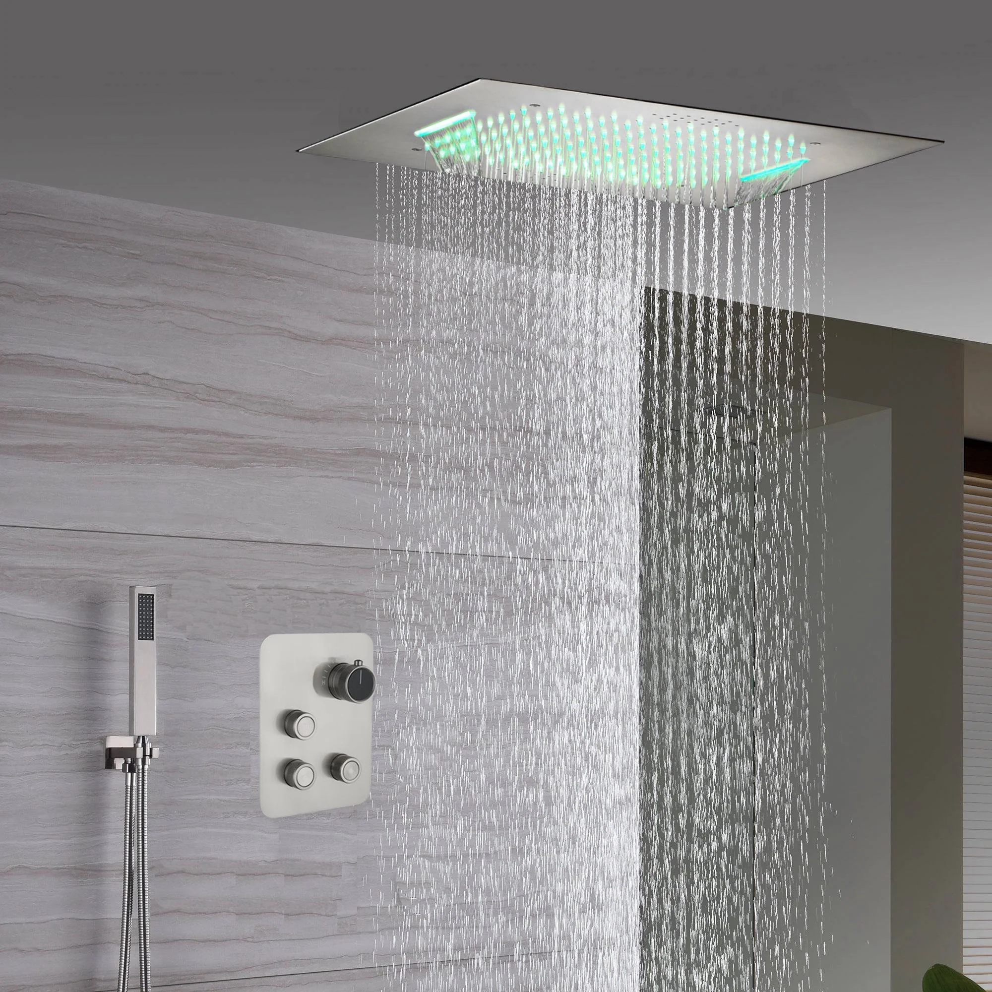 20inch Brushed nickel ceiling or flush mount rainfall waterfall shower systems 3 way thermostatic shower faucet that available in both led light or non-led light options - Image 2
